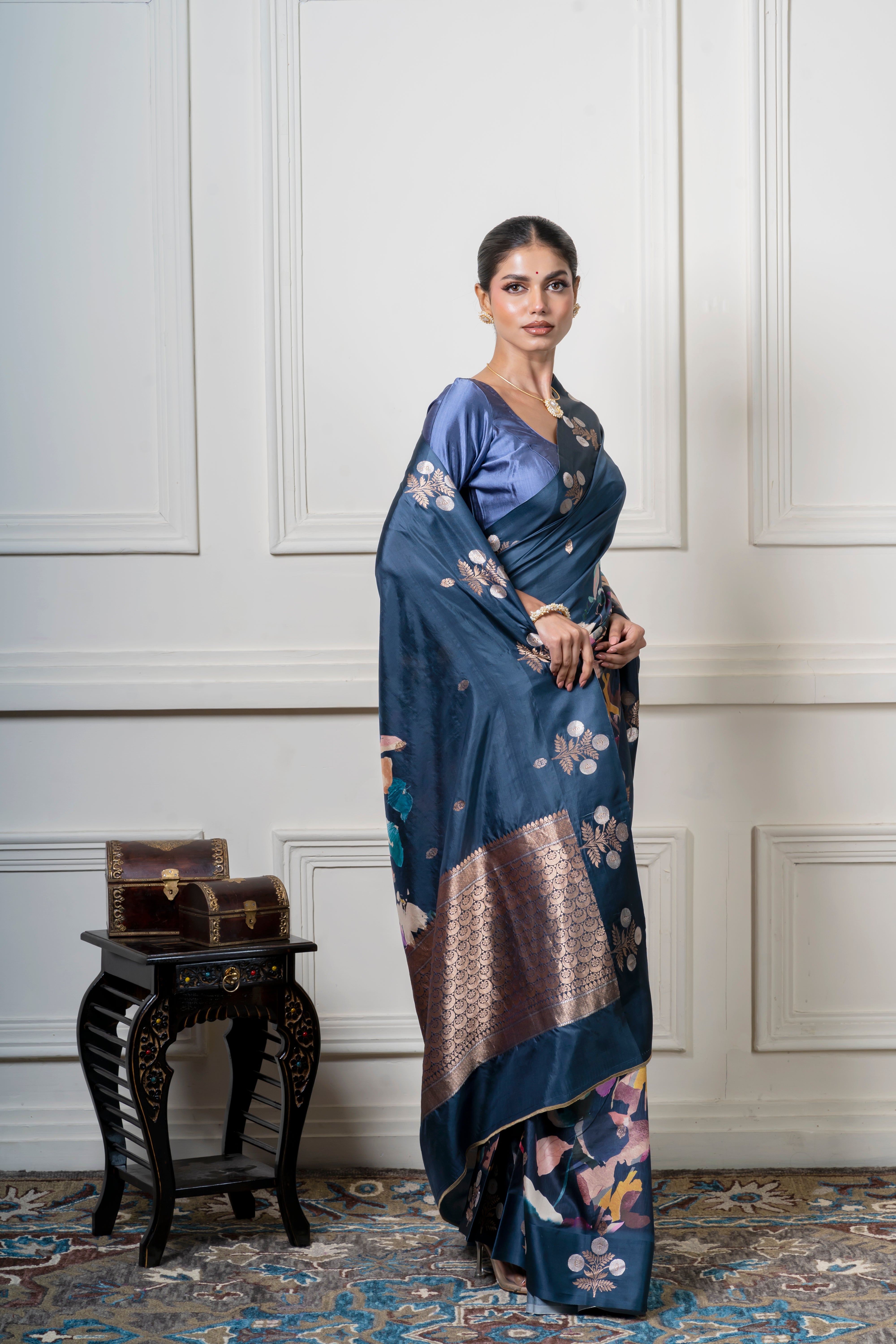 Midnight Blue Soft Banaras Silk Saree with Floral Print and Zari Border  Mokshaa