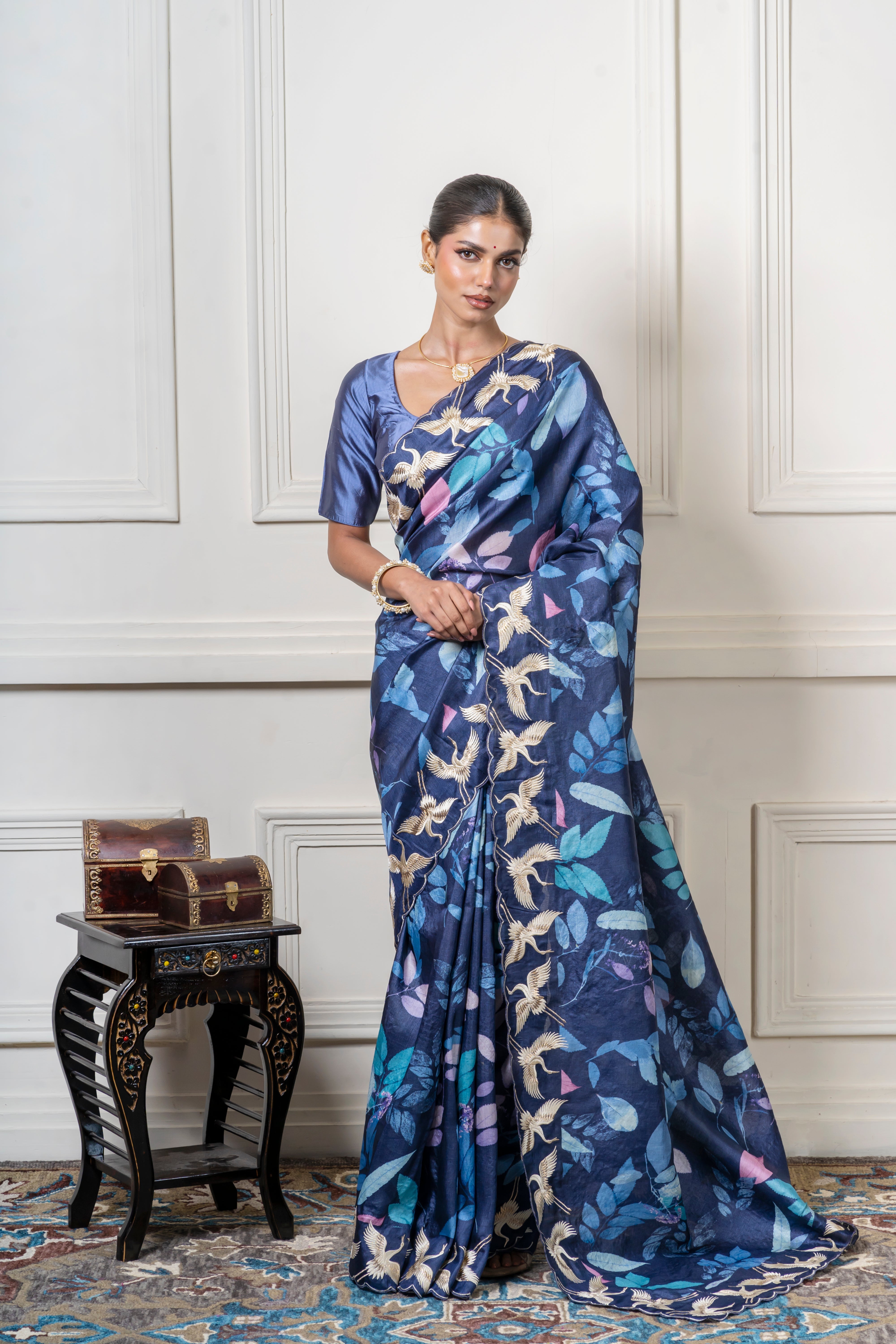 Navy Blue Tussar Silk Saree with Crane Motif Border  Mokshaa