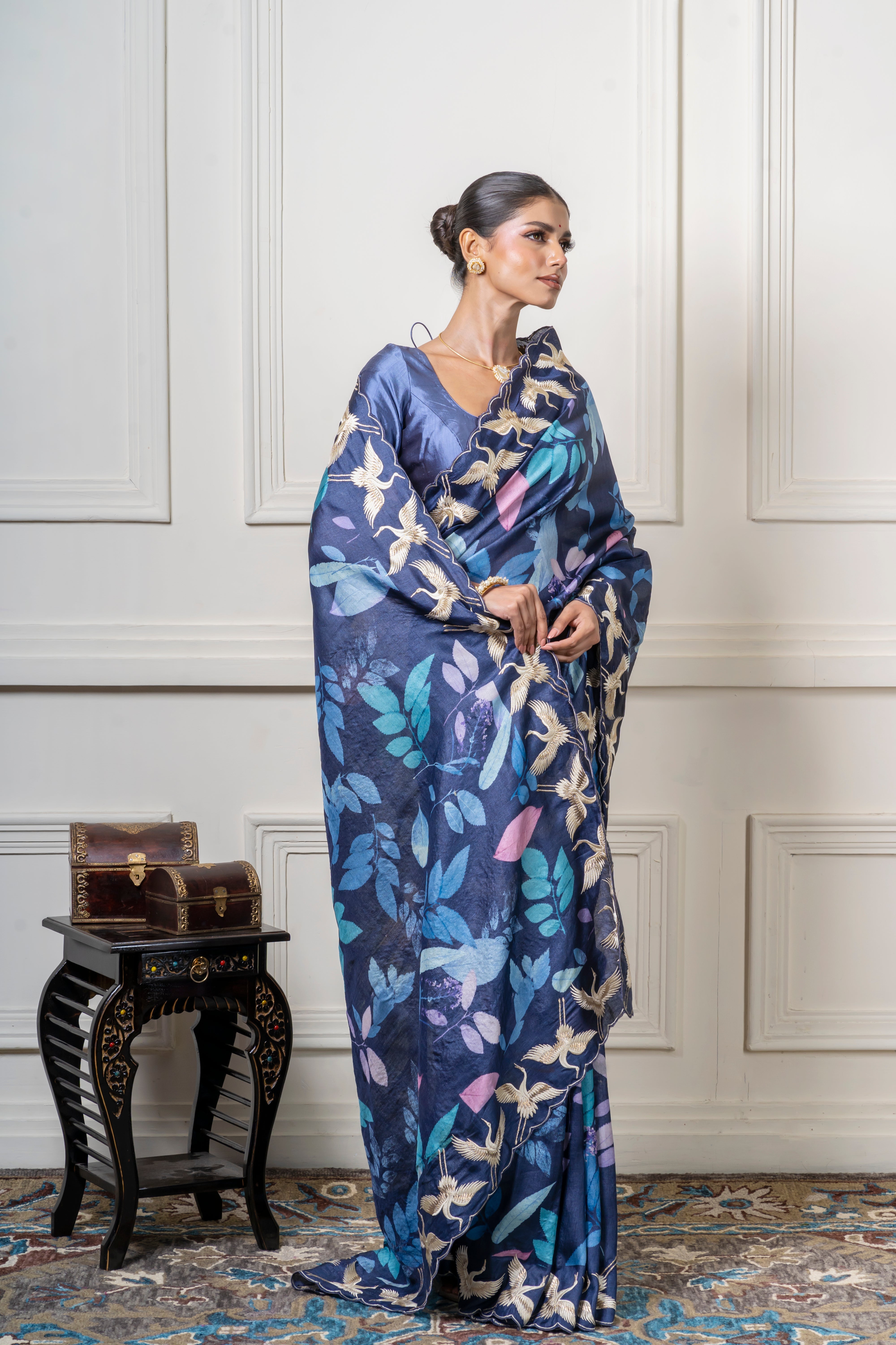 Navy Blue Tussar Silk Saree with Crane Motif Border  Mokshaa