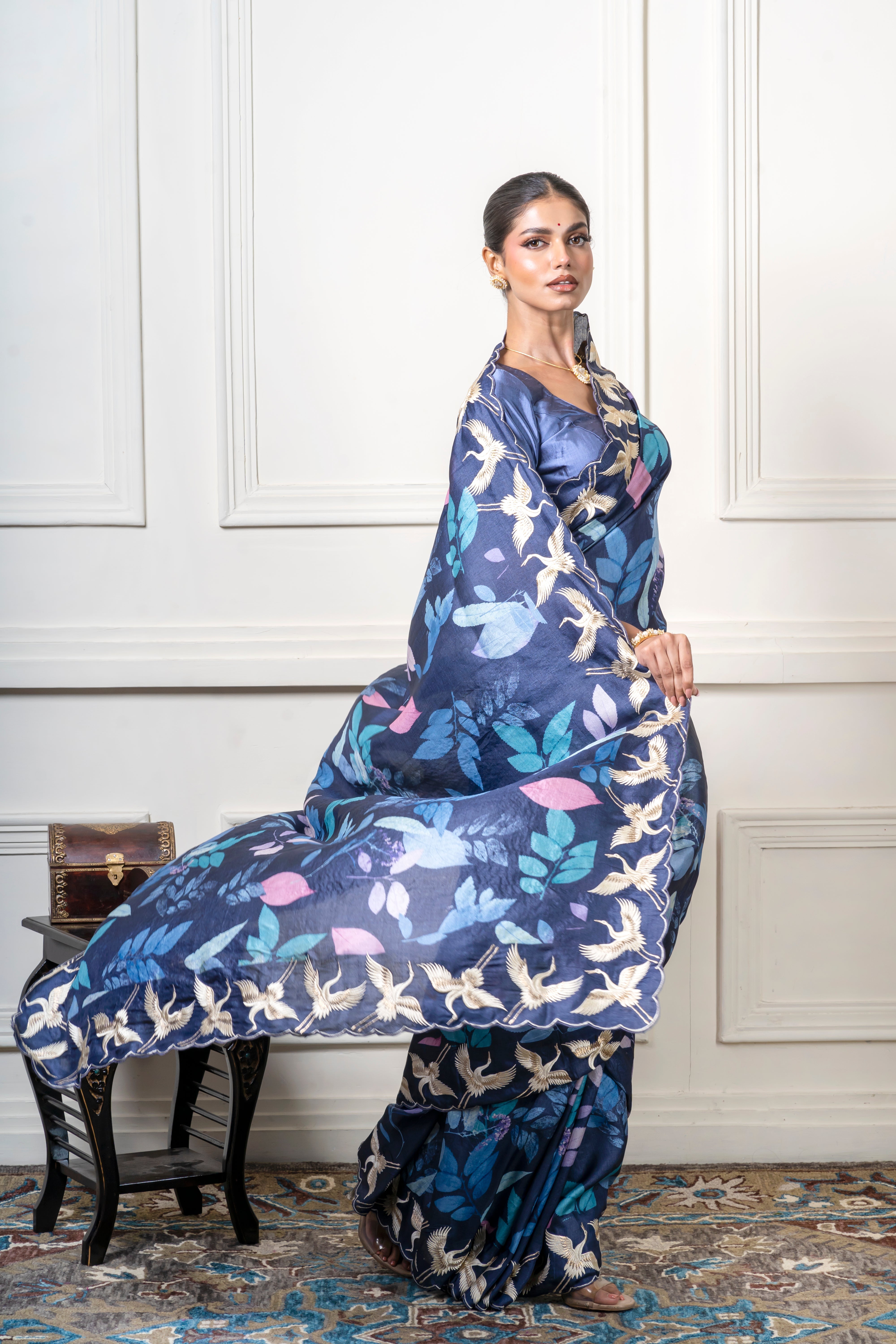 Navy Blue Tussar Silk Saree with Crane Motif Border  Mokshaa
