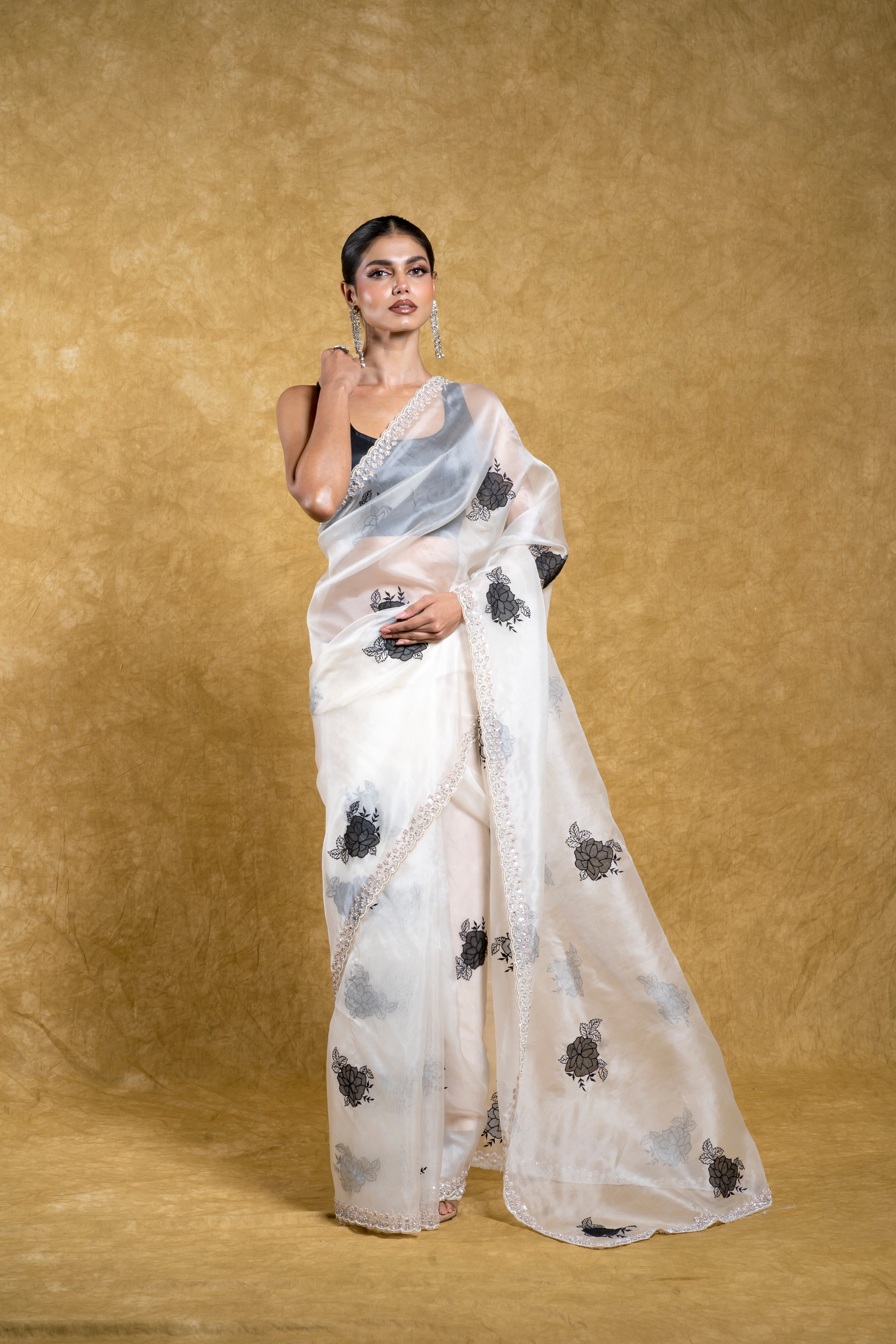 White Organza Saree with Black Floral Motif and Embellished Border  Mokshaa