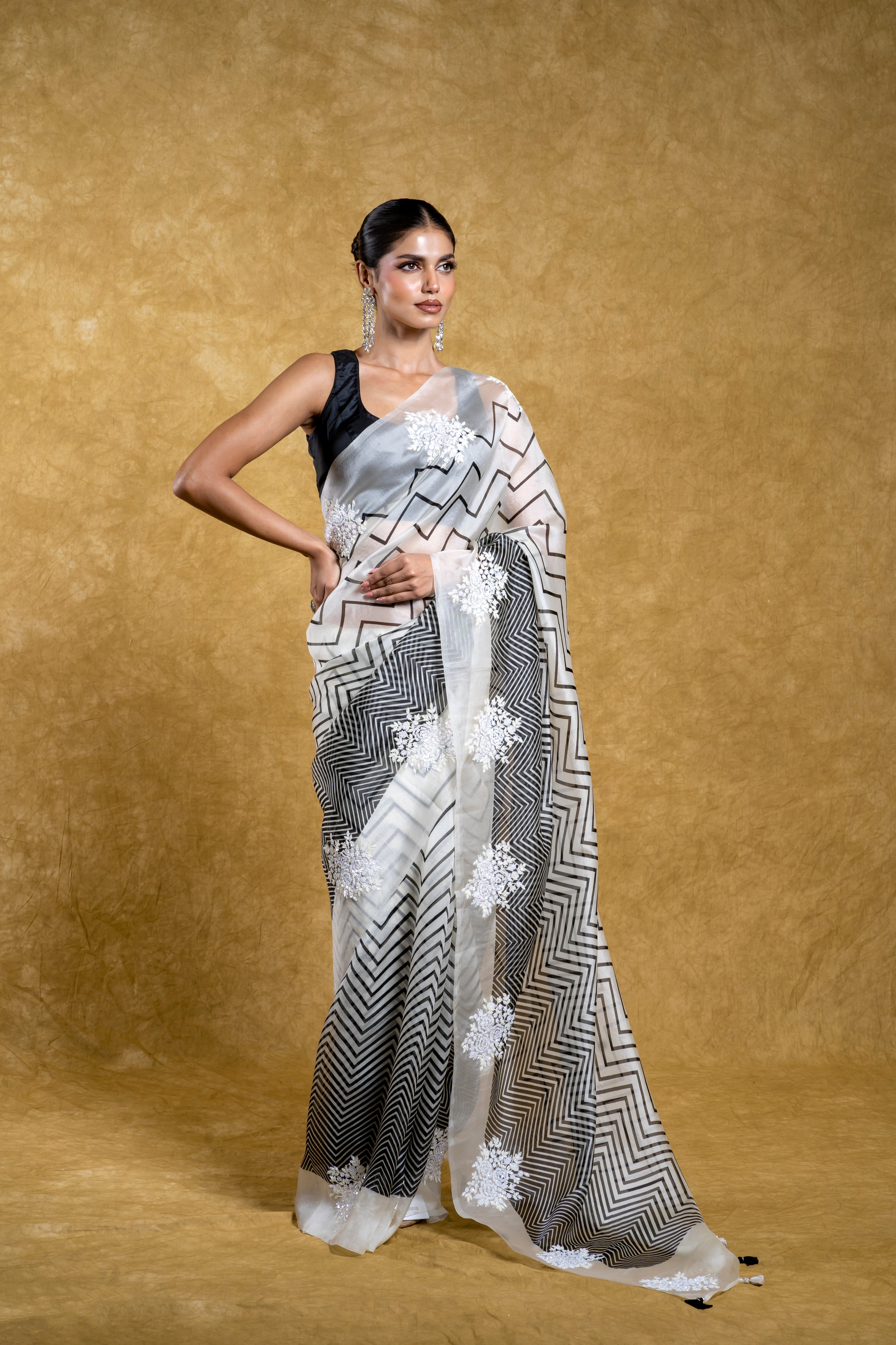 Black and White Kora Organza Saree with Sequins Embroidery  Mokshaa