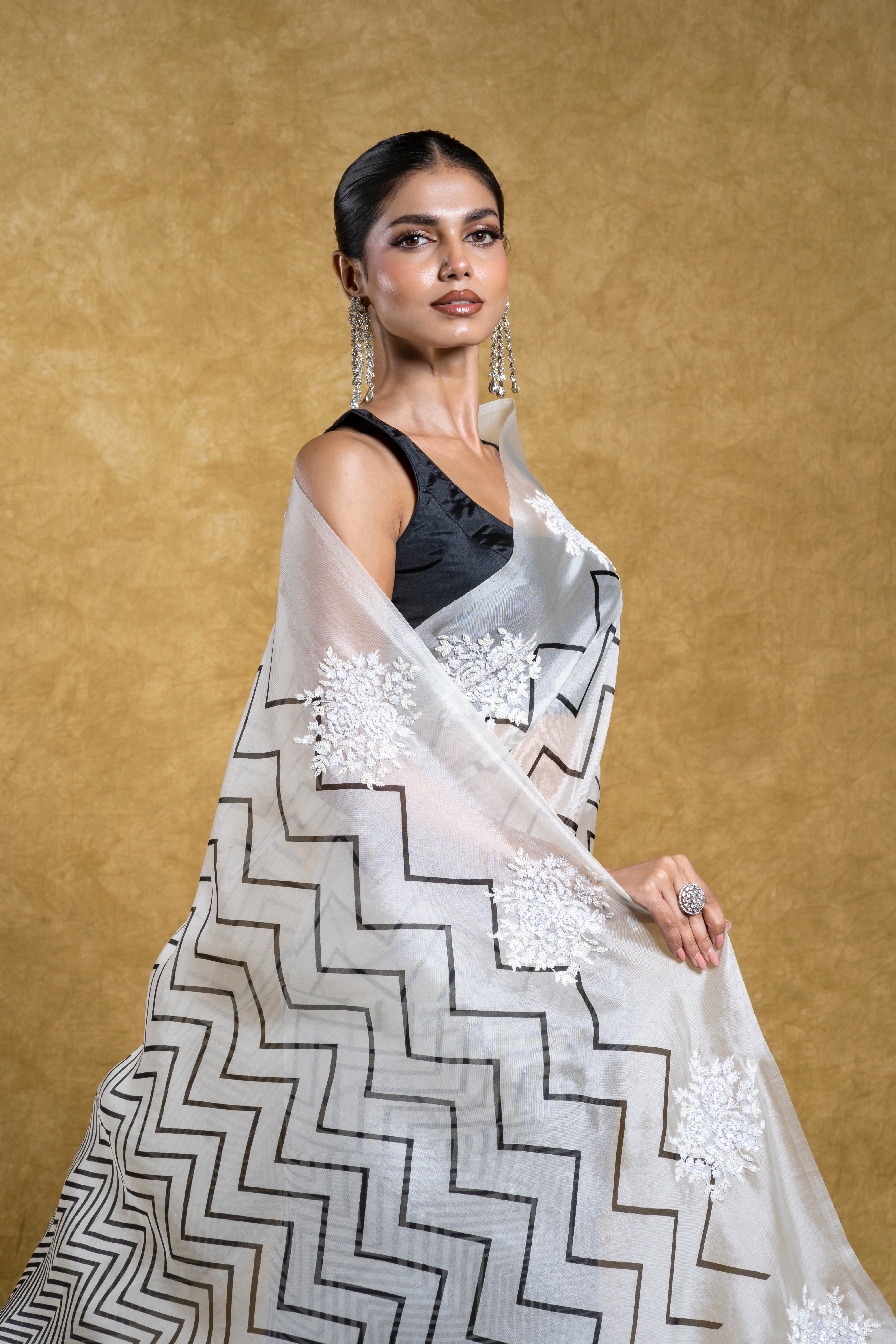 Black and White Kora Organza Saree with Sequins Embroidery  Mokshaa