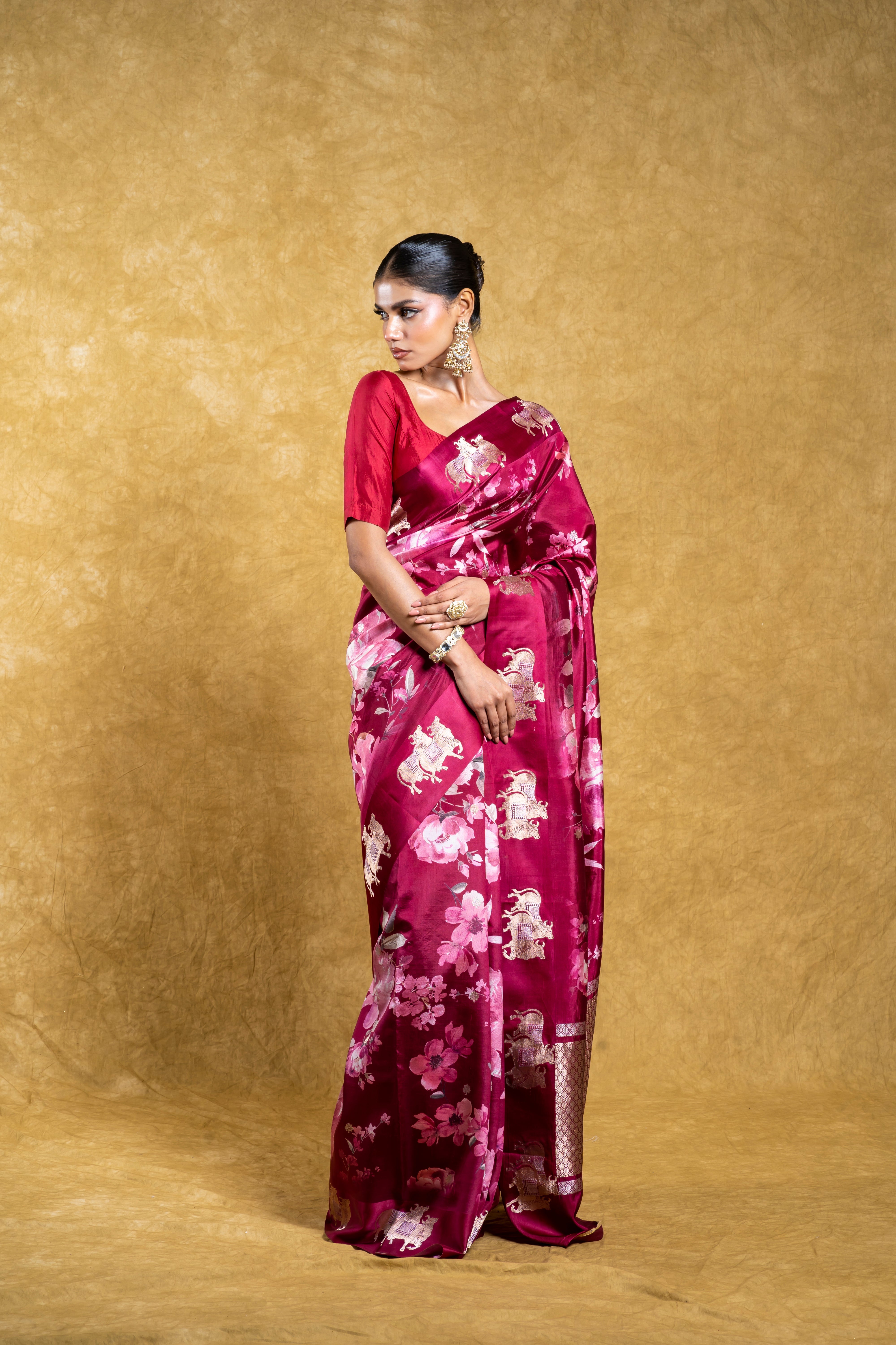 Morph Soft Banaras Silk Saree with Floral Digital Print  Mokshaa