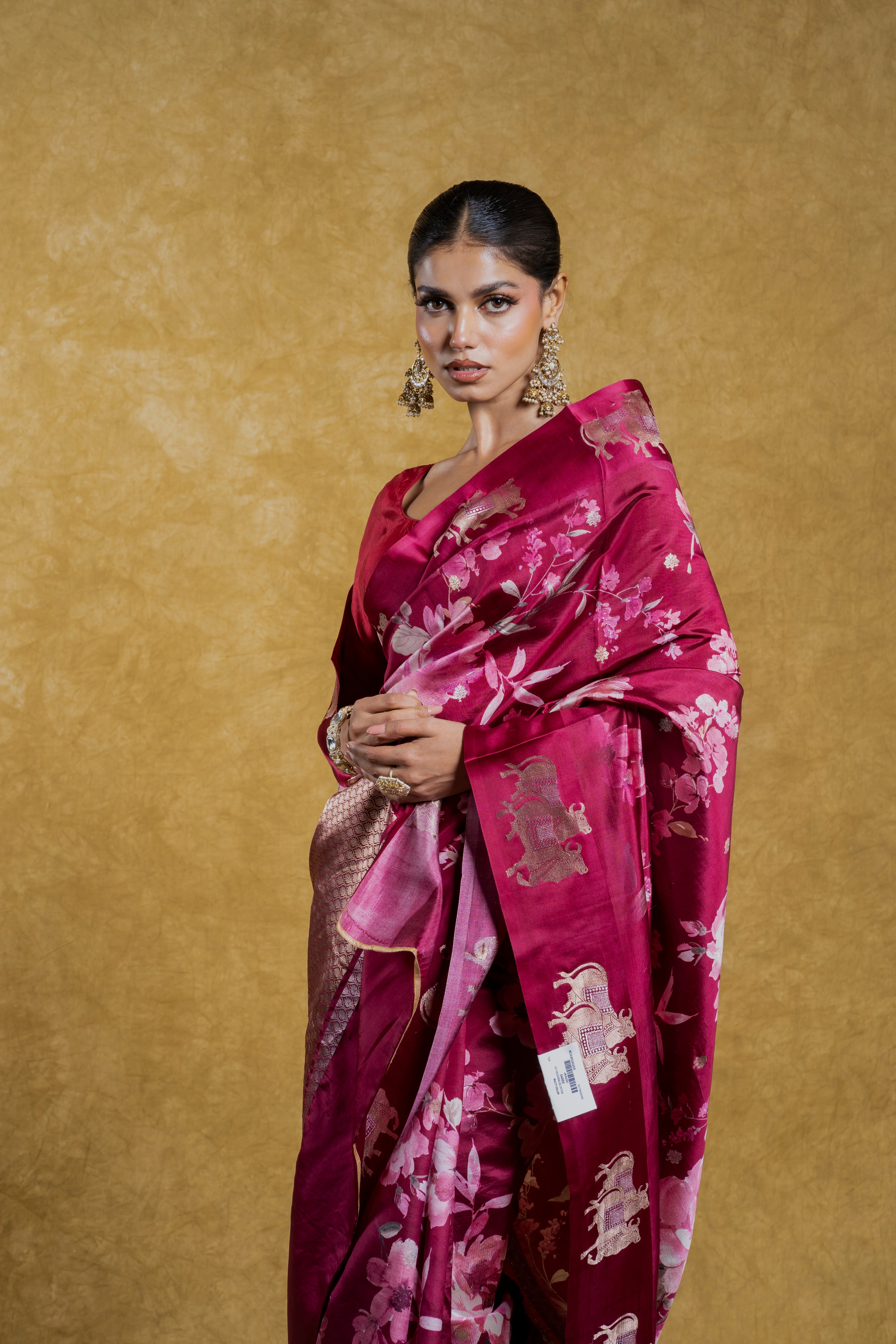 Maroon Soft Banaras Silk Saree with Floral Print and Zari Border  Mokshaa