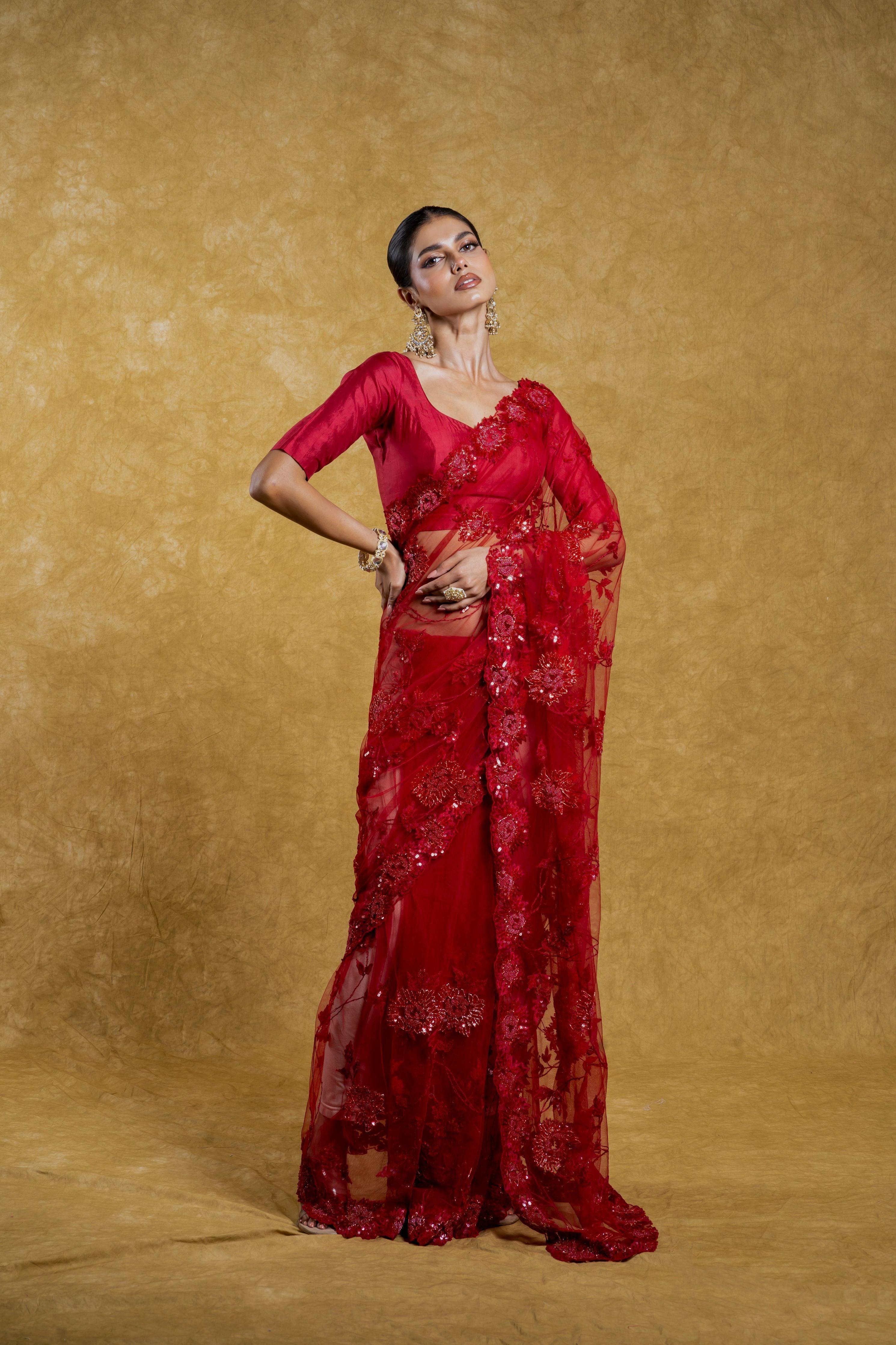Red Net Saree with Sequins and Thread Embroidery  Mokshaa