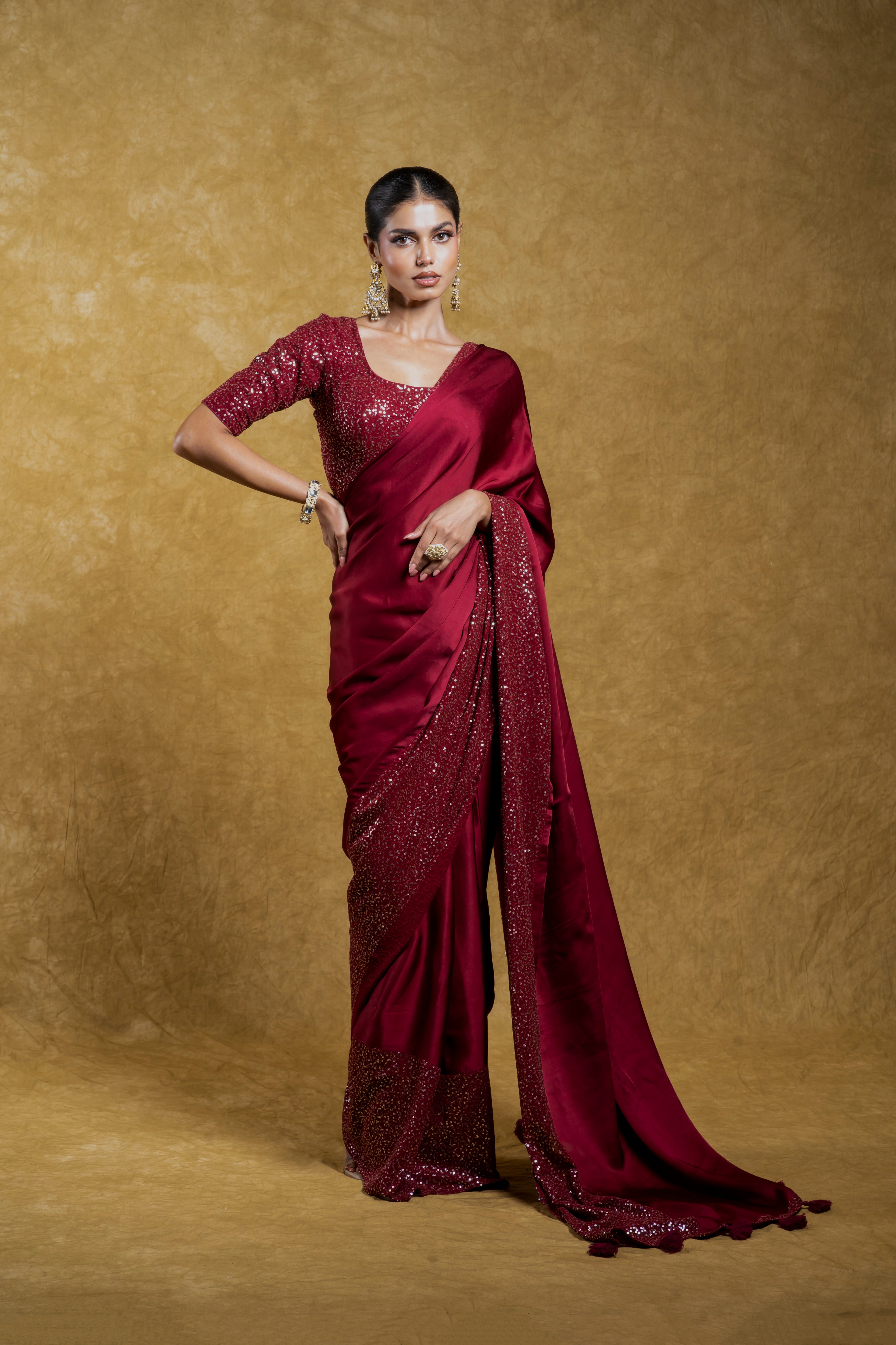 Maroon Georgette Saree with Rich Sequins Border  Mokshaa