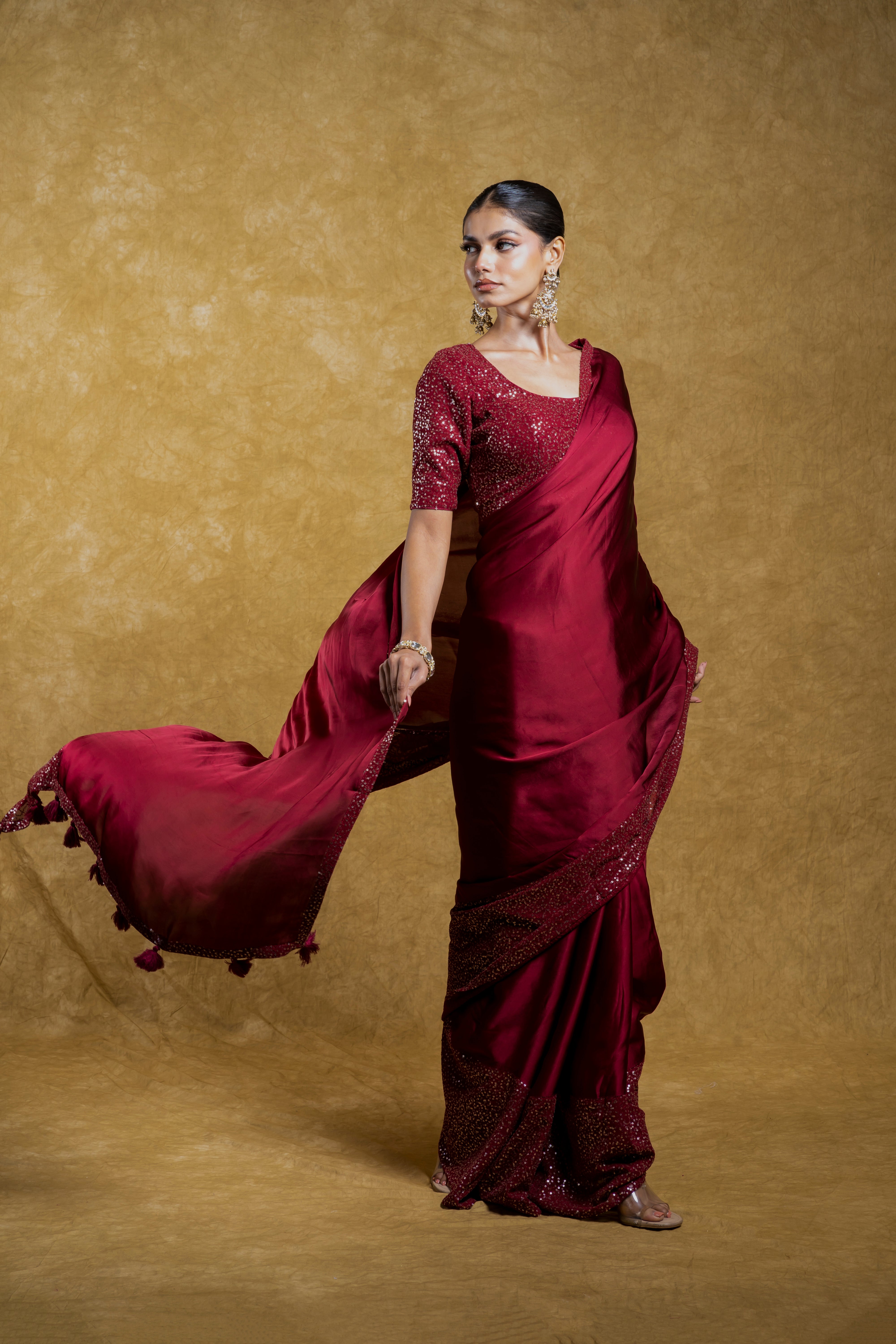 Maroon Georgette Saree with Rich Sequins Border  Mokshaa