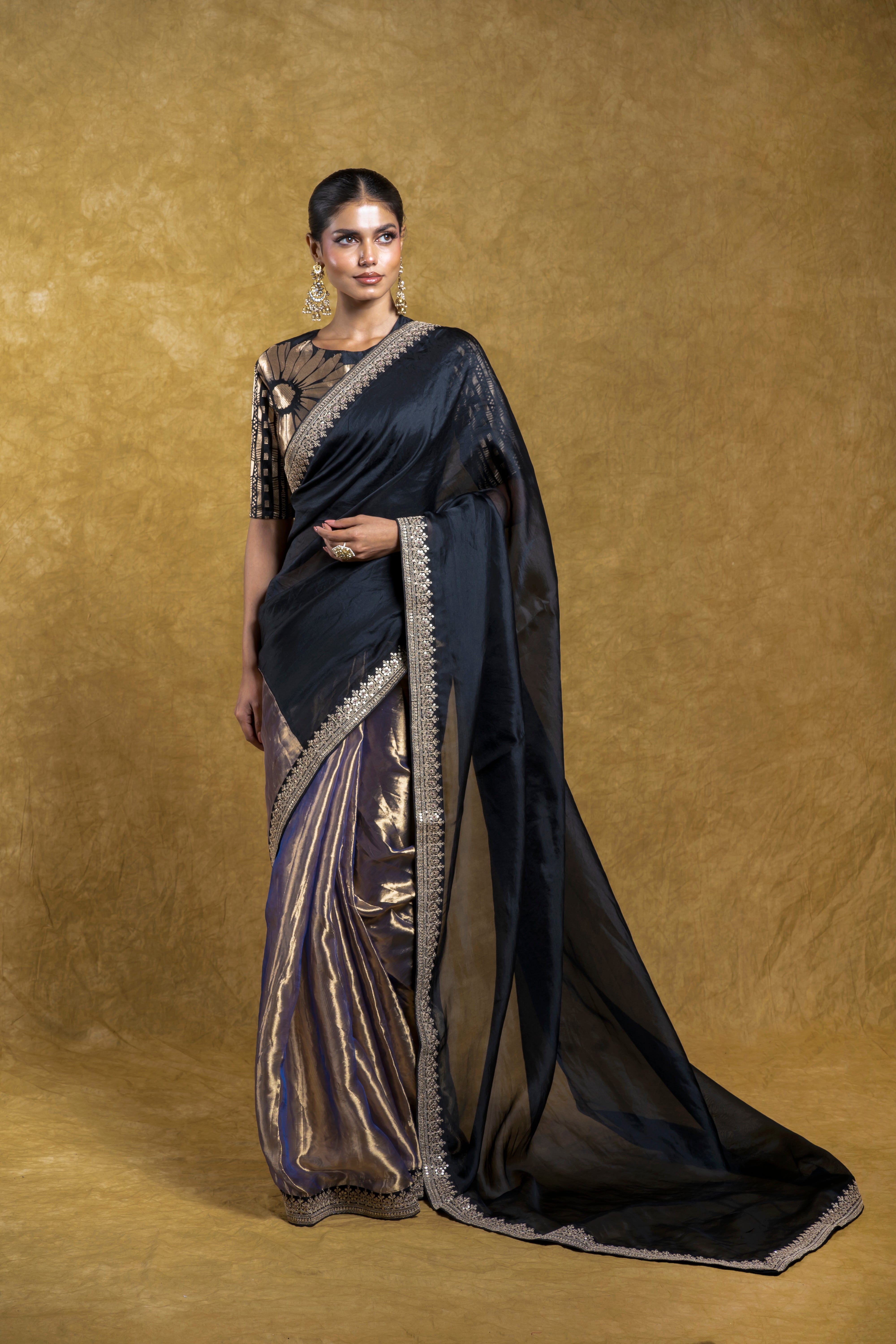 Black Organza Half-and-Half Saree with Floral Embroidery  Mokshaa