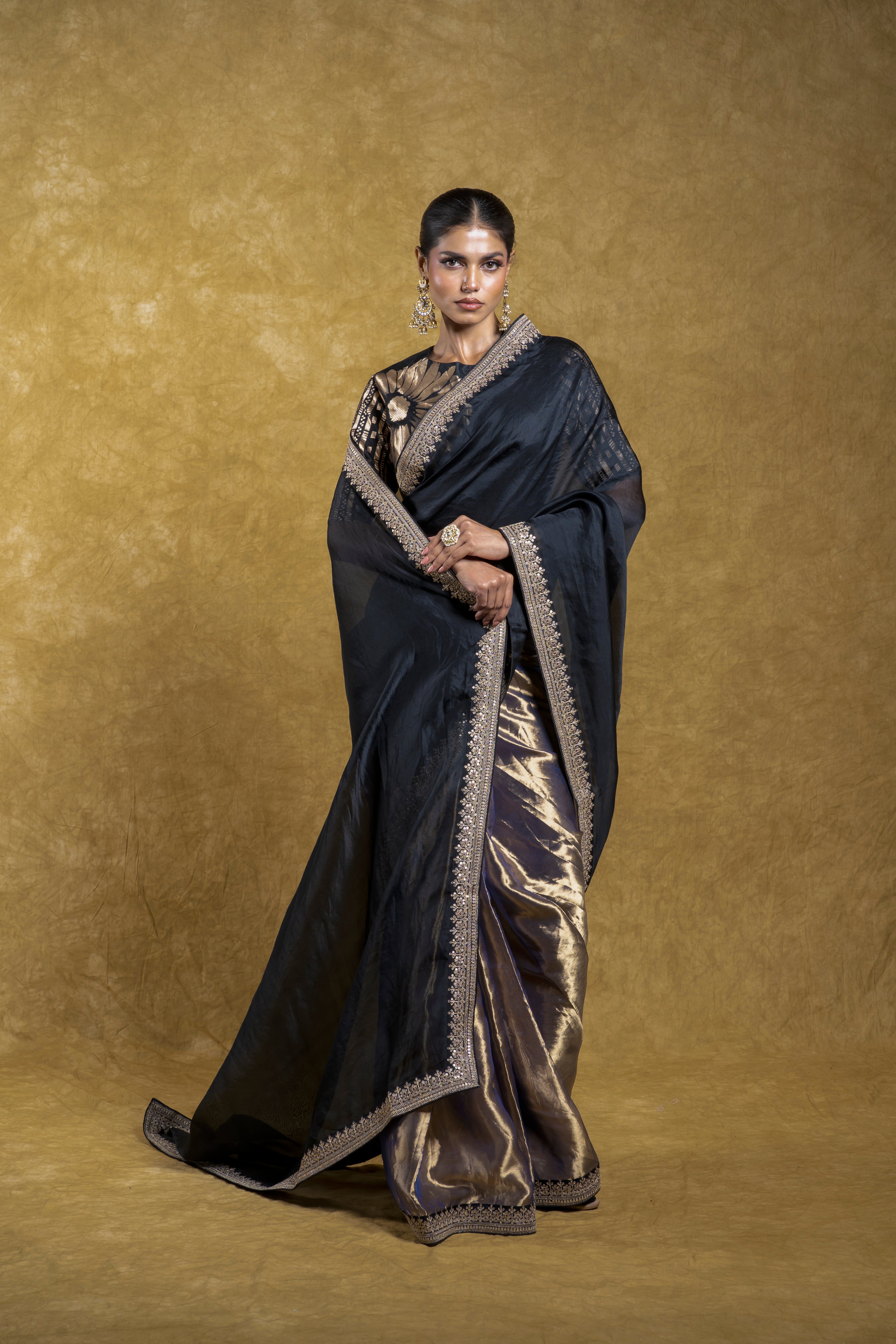 Black Organza Half-and-Half Saree with Floral Embroidery  Mokshaa
