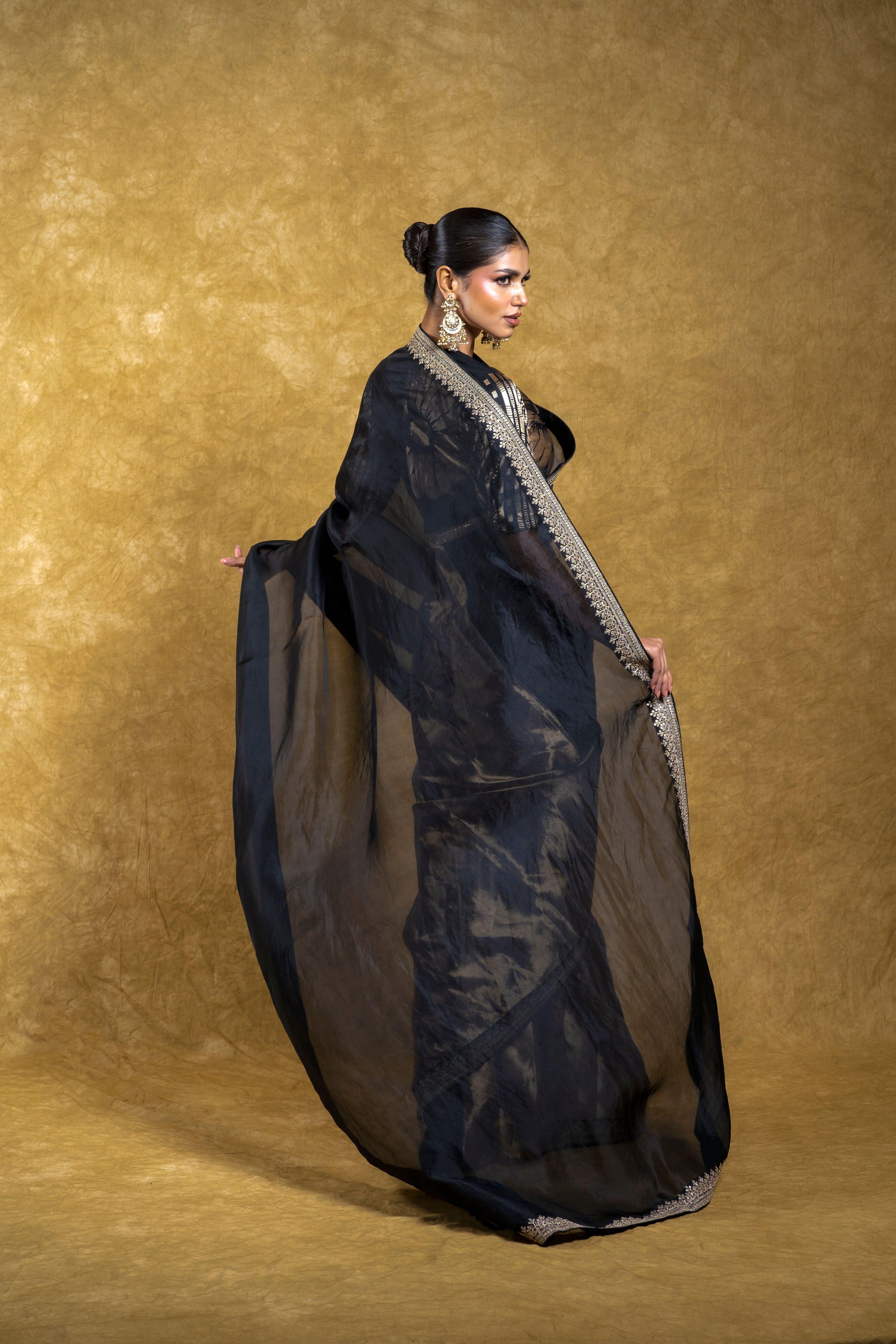Black Organza Half-and-Half Saree with Floral Embroidery  Mokshaa