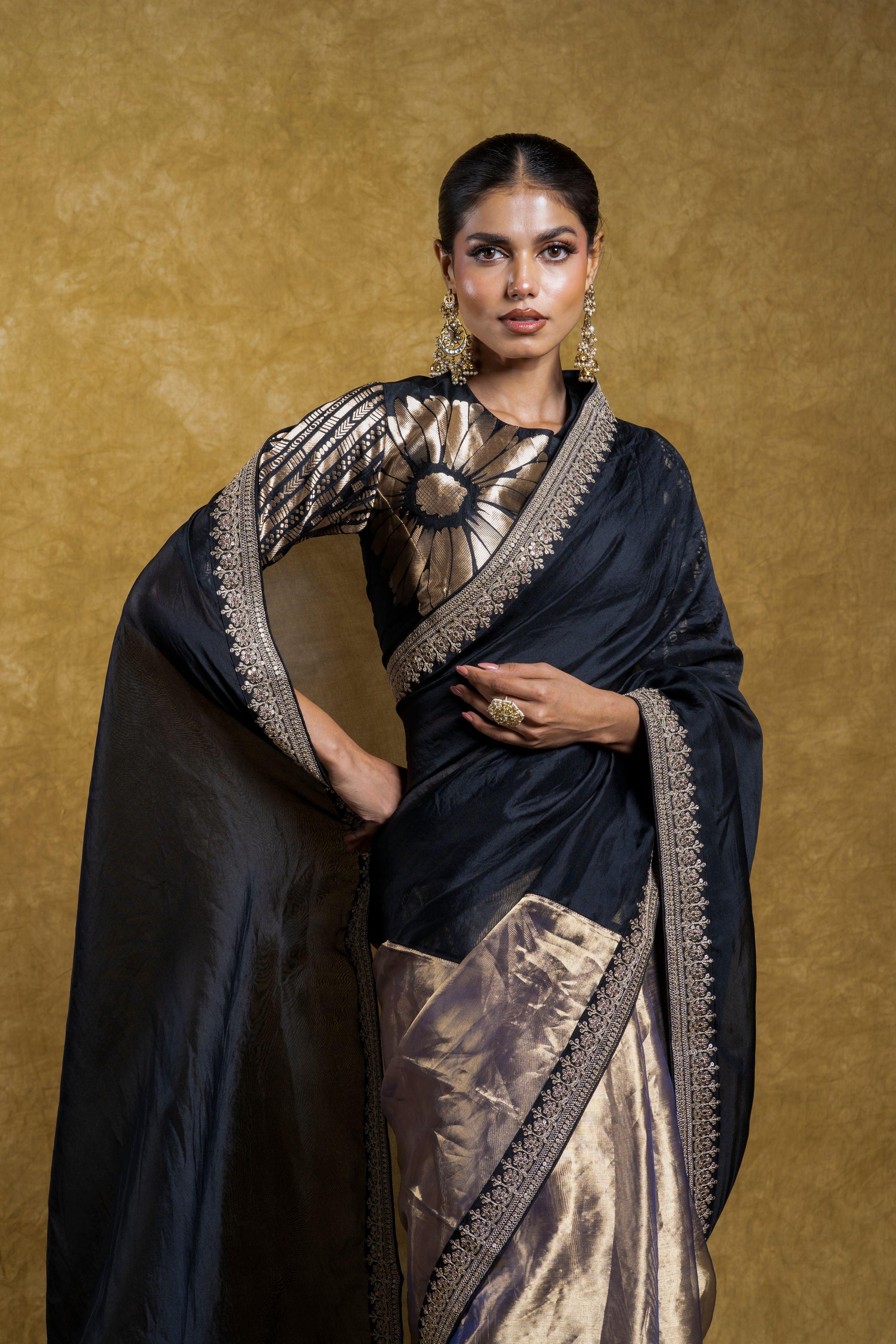Black Organza Half-and-Half Saree with Floral Embroidery  Mokshaa
