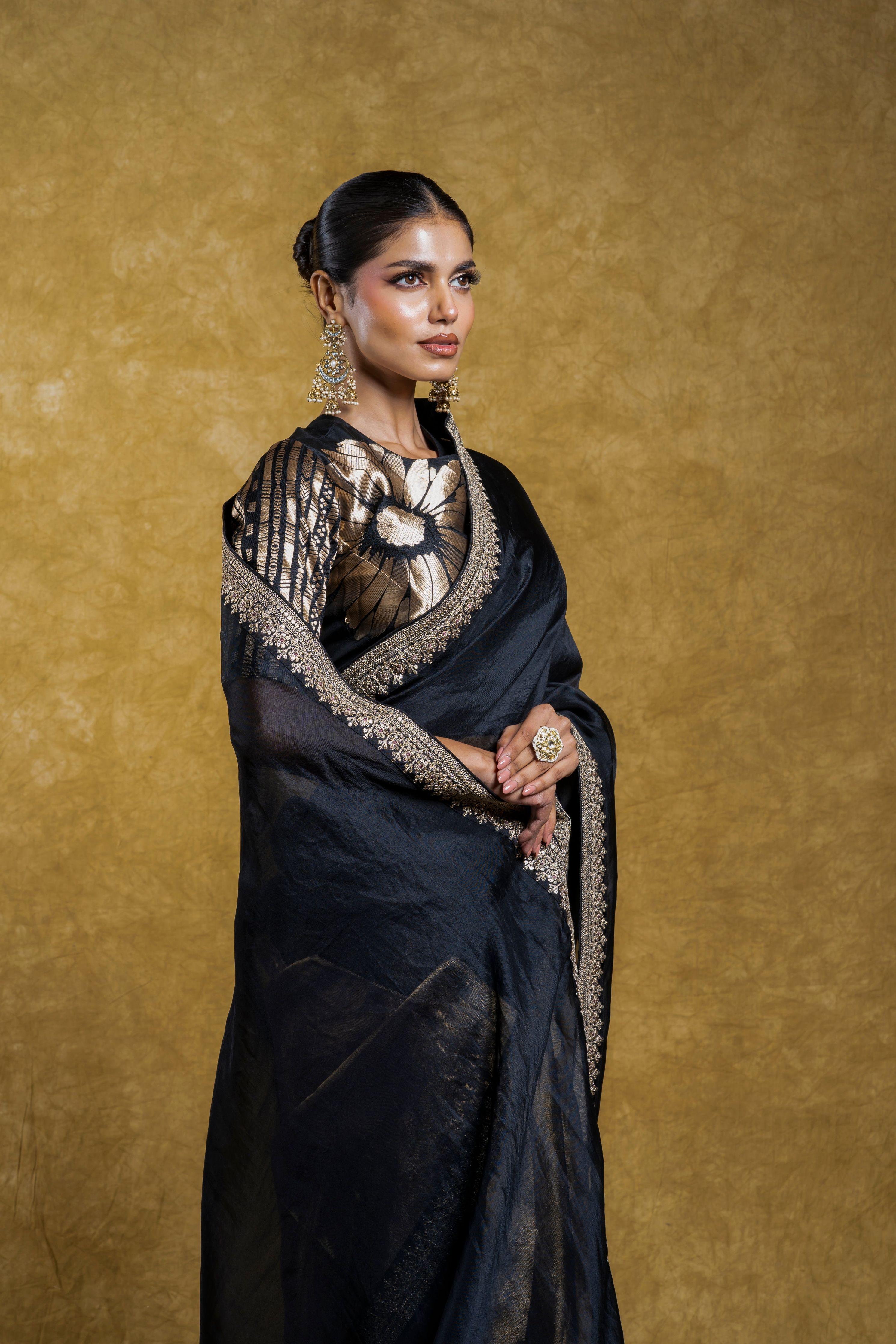 Black Organza Half-and-Half Saree with Floral Embroidery  Mokshaa