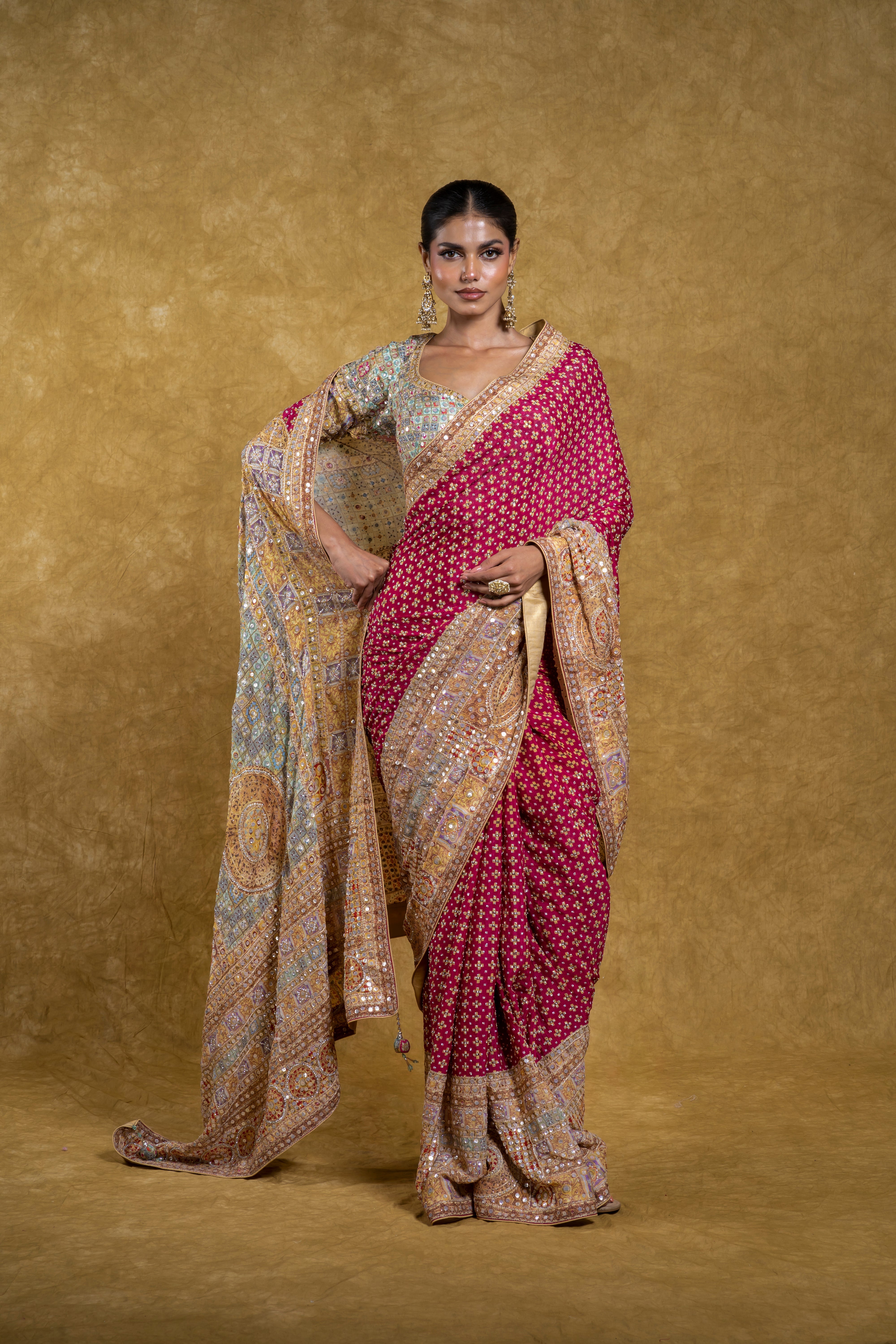 Rani Pink and Pastel Multicolor Georgette Saree  Mokshaa