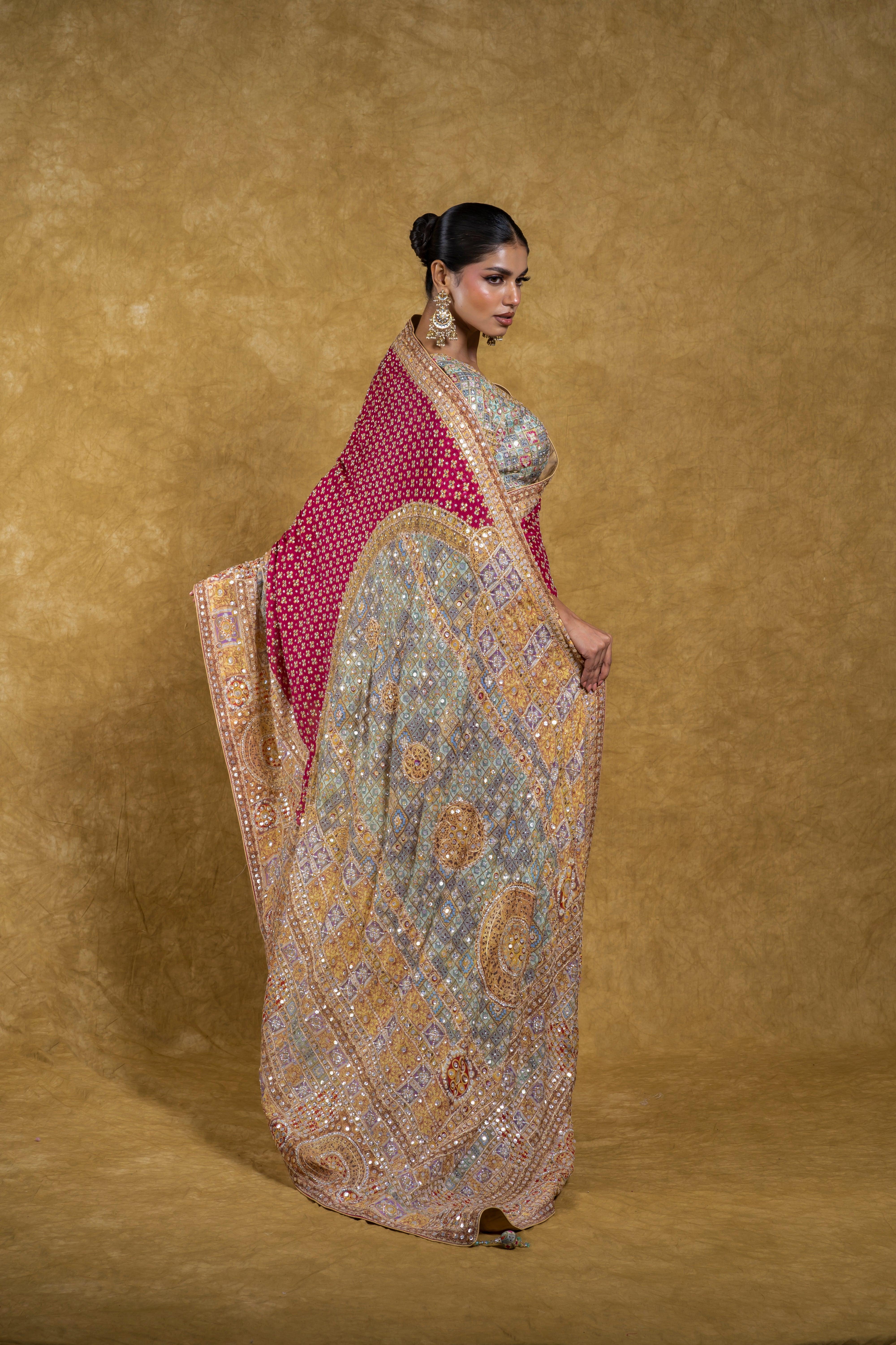 Rani Pink and Pastel Multicolor Saree
