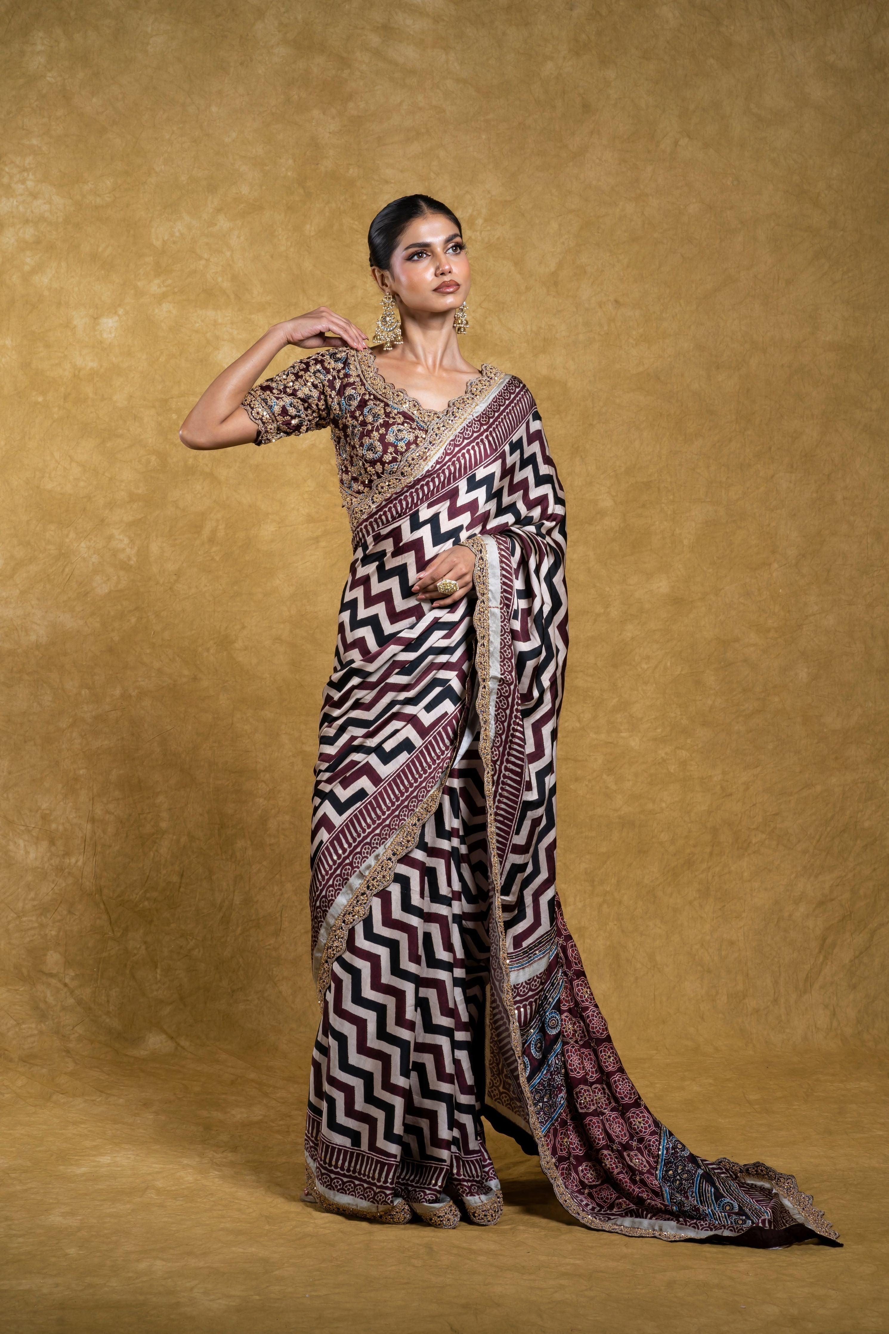 Multicolor Satin Silk Saree with Geometrical Print and Floral Embroidery  Mokshaa