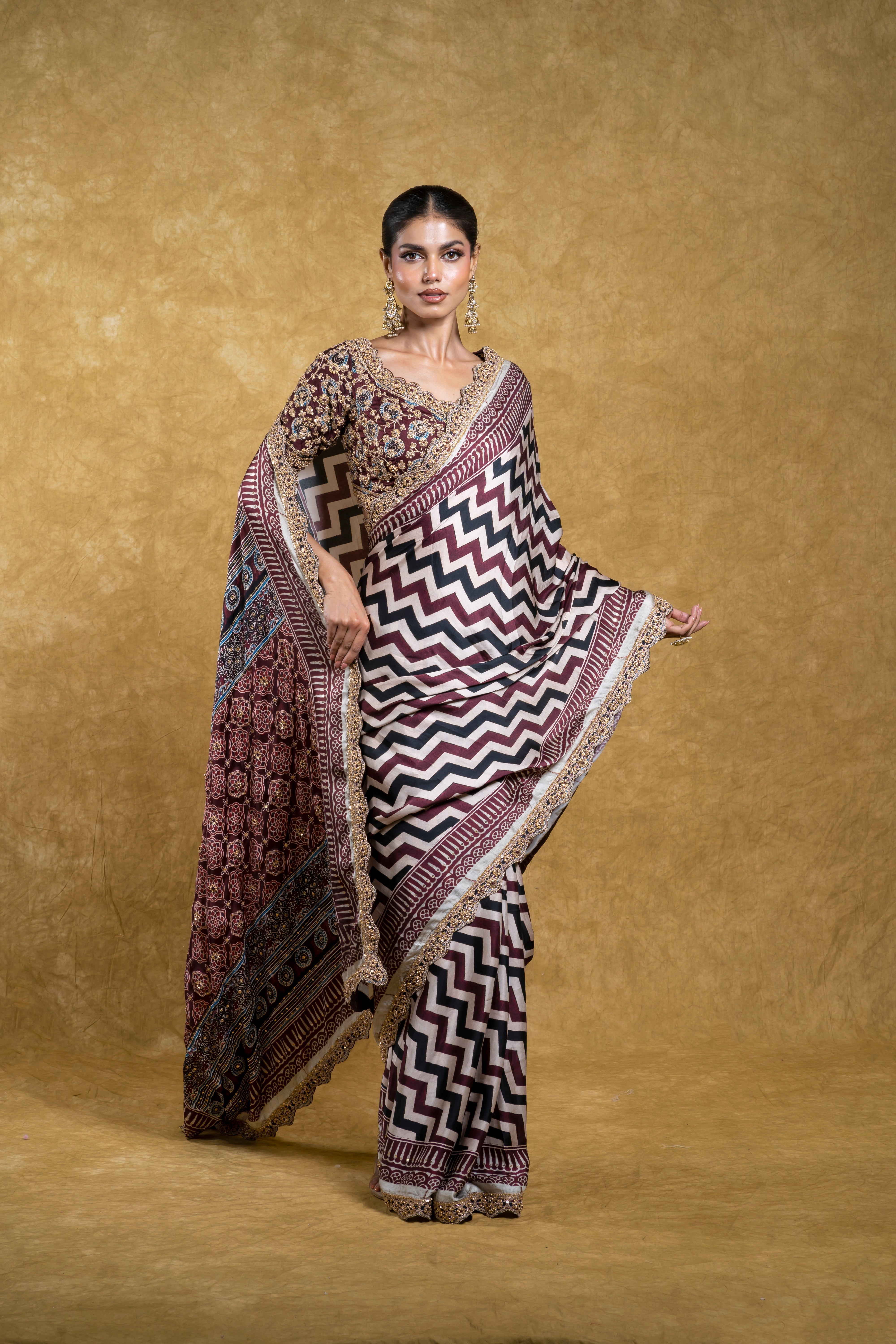 Multicolor Satin Silk Saree with Geometrical Print and Floral Embroidery  Mokshaa