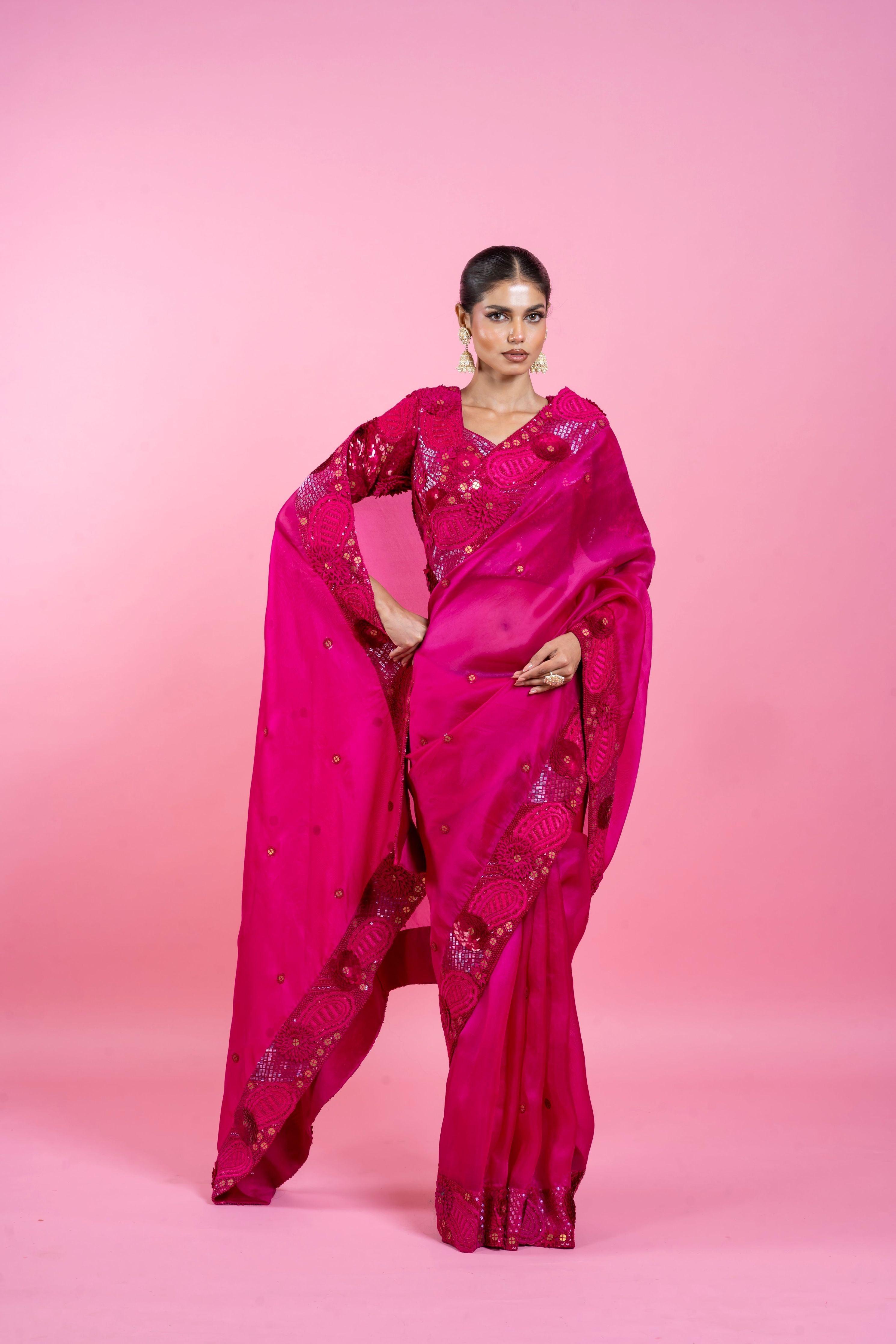 XS Dark Pink Organza Saree with Floral Applique - Main Image