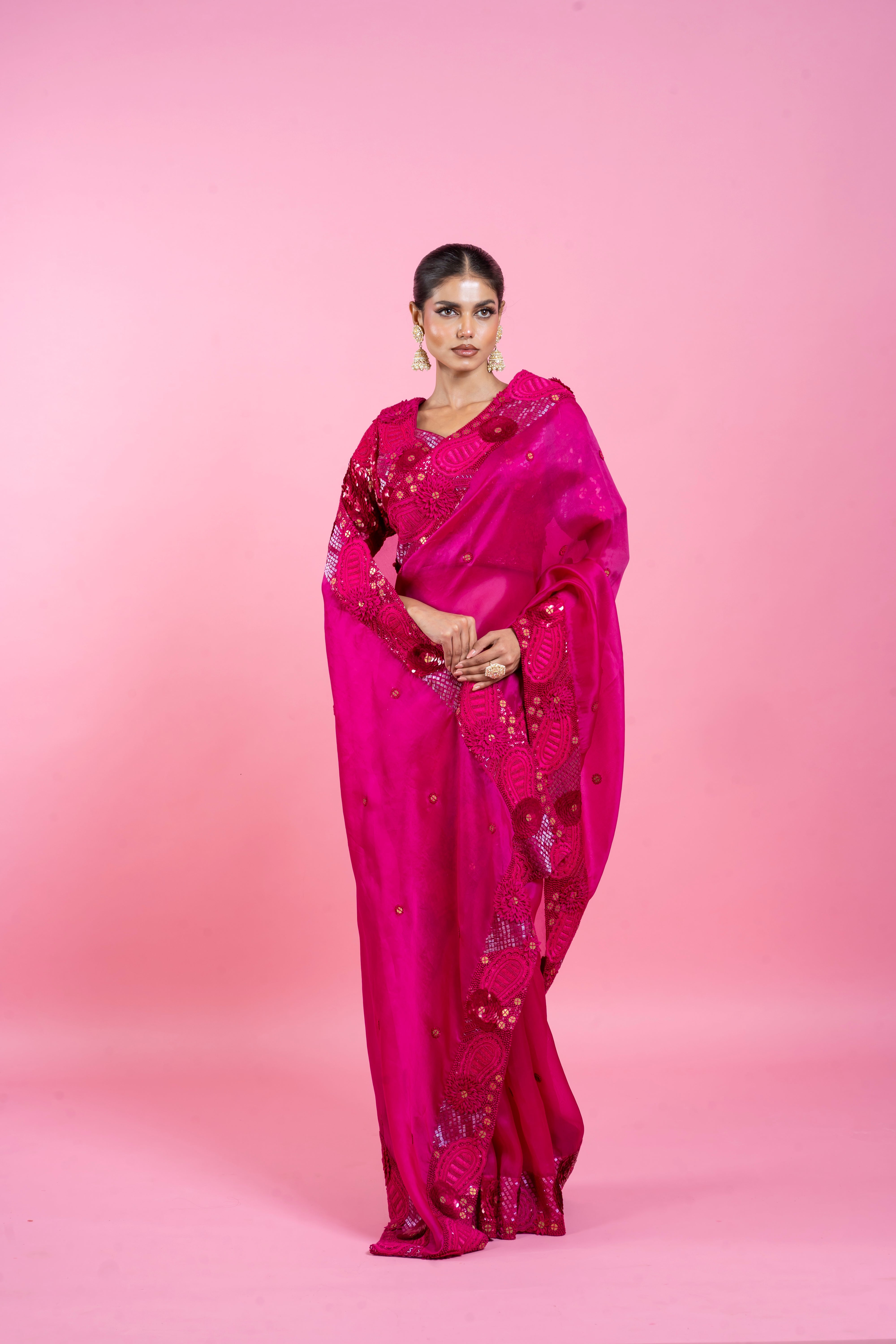 Dark Pink Organza Saree with Floral Applique  Mokshaa