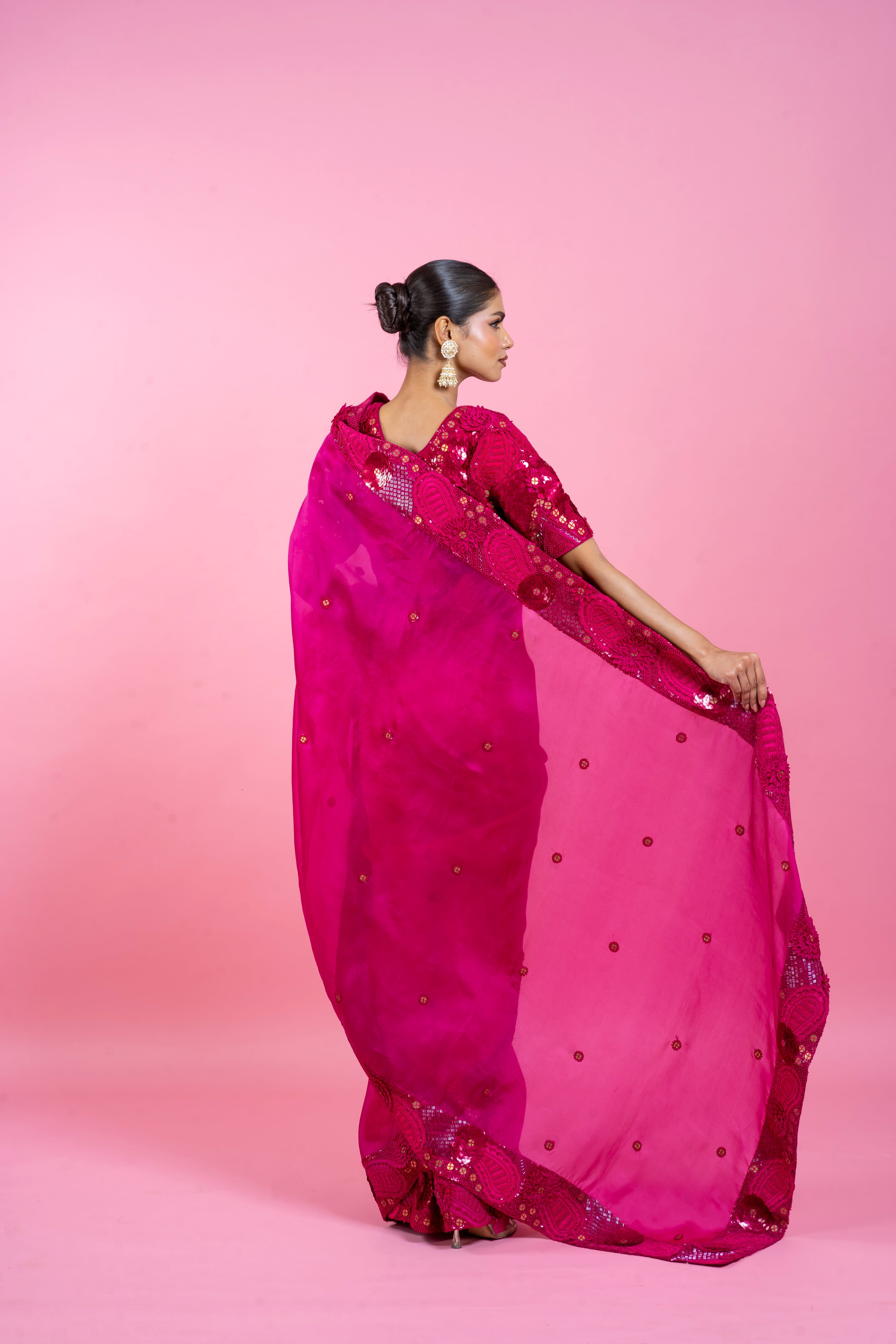 Dark Pink Organza Saree with Floral Applique  Mokshaa