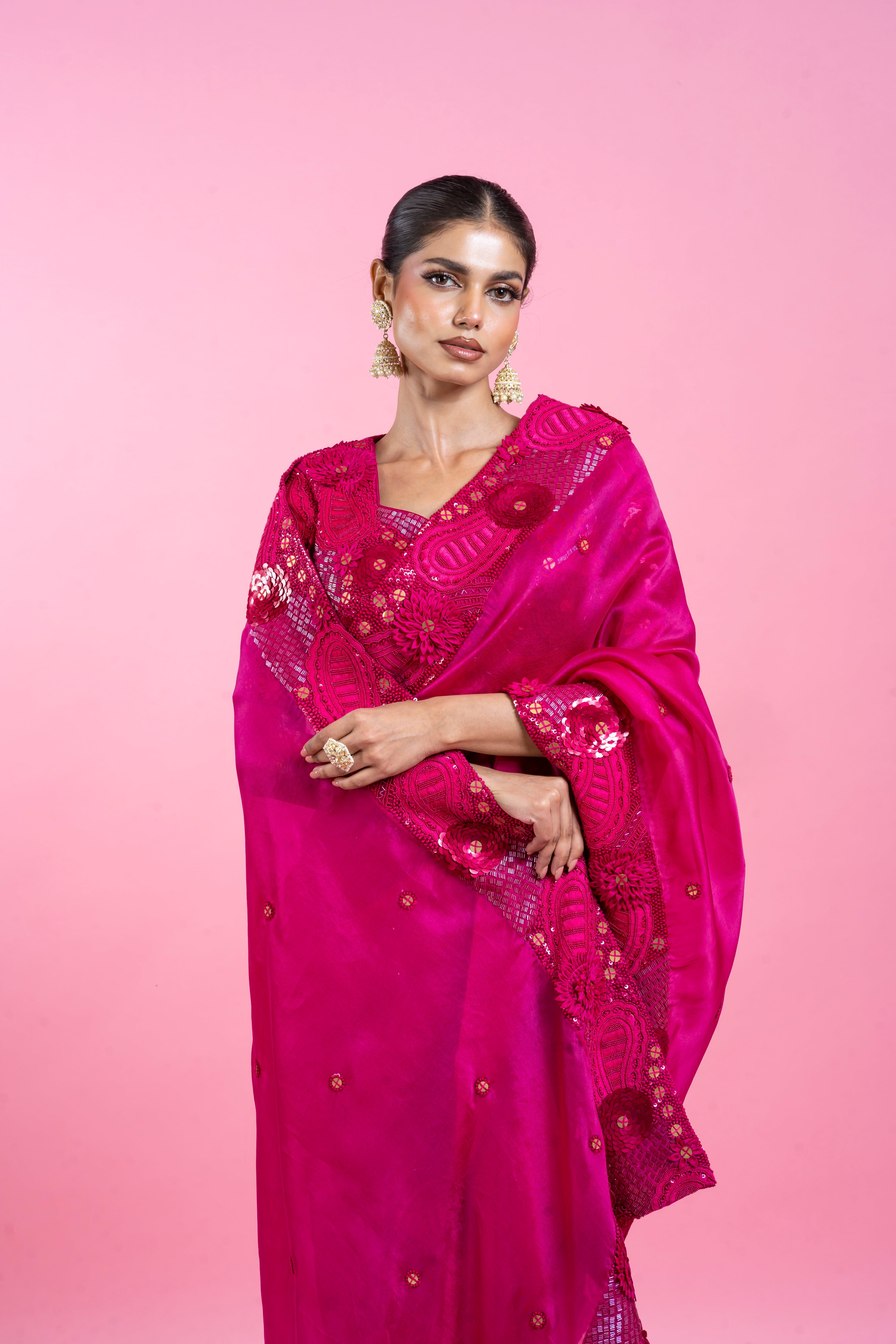 Dark Pink Organza Saree with Floral Applique  Mokshaa