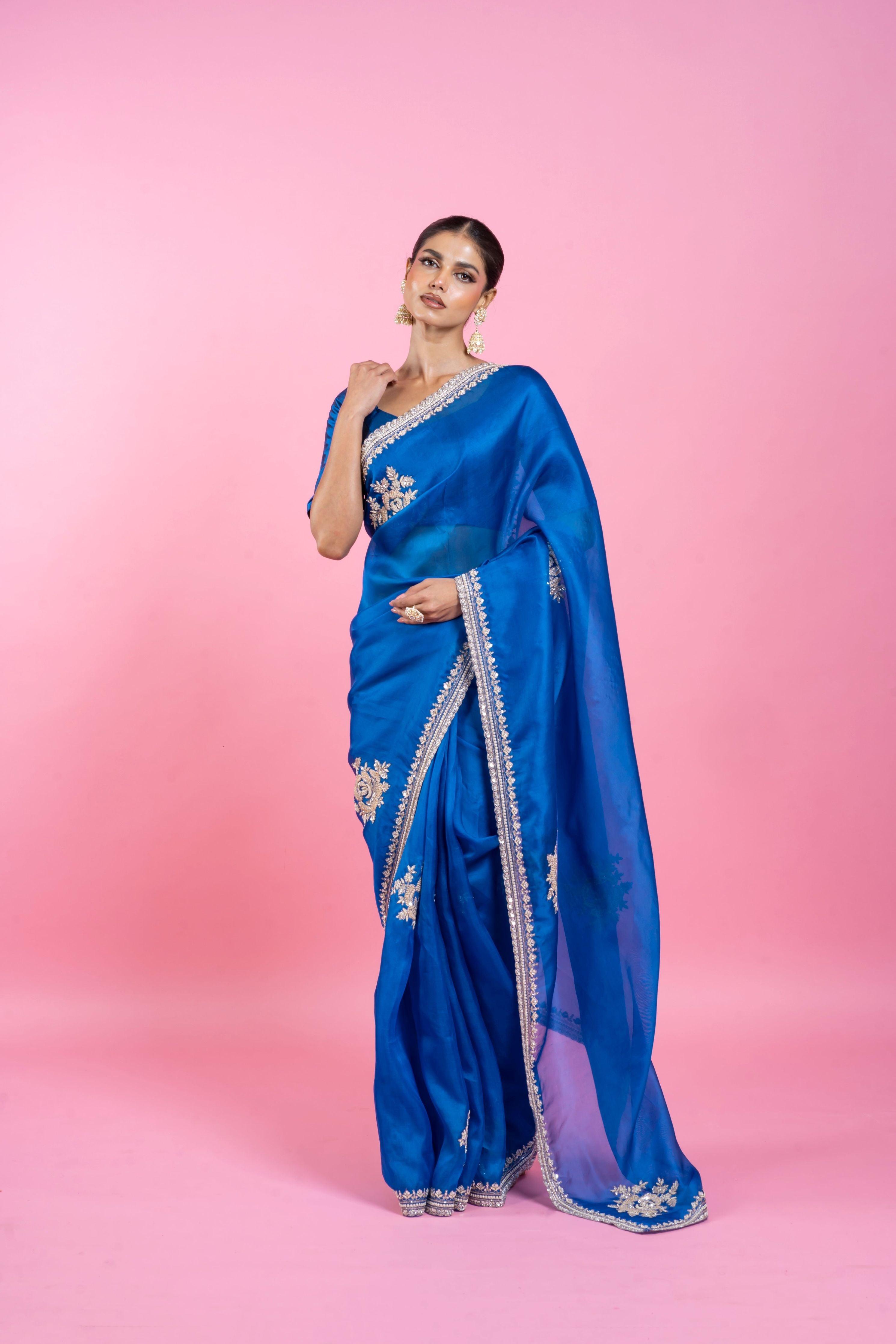 Royal Blue Organza Saree with Zari Embroidery  Mokshaa