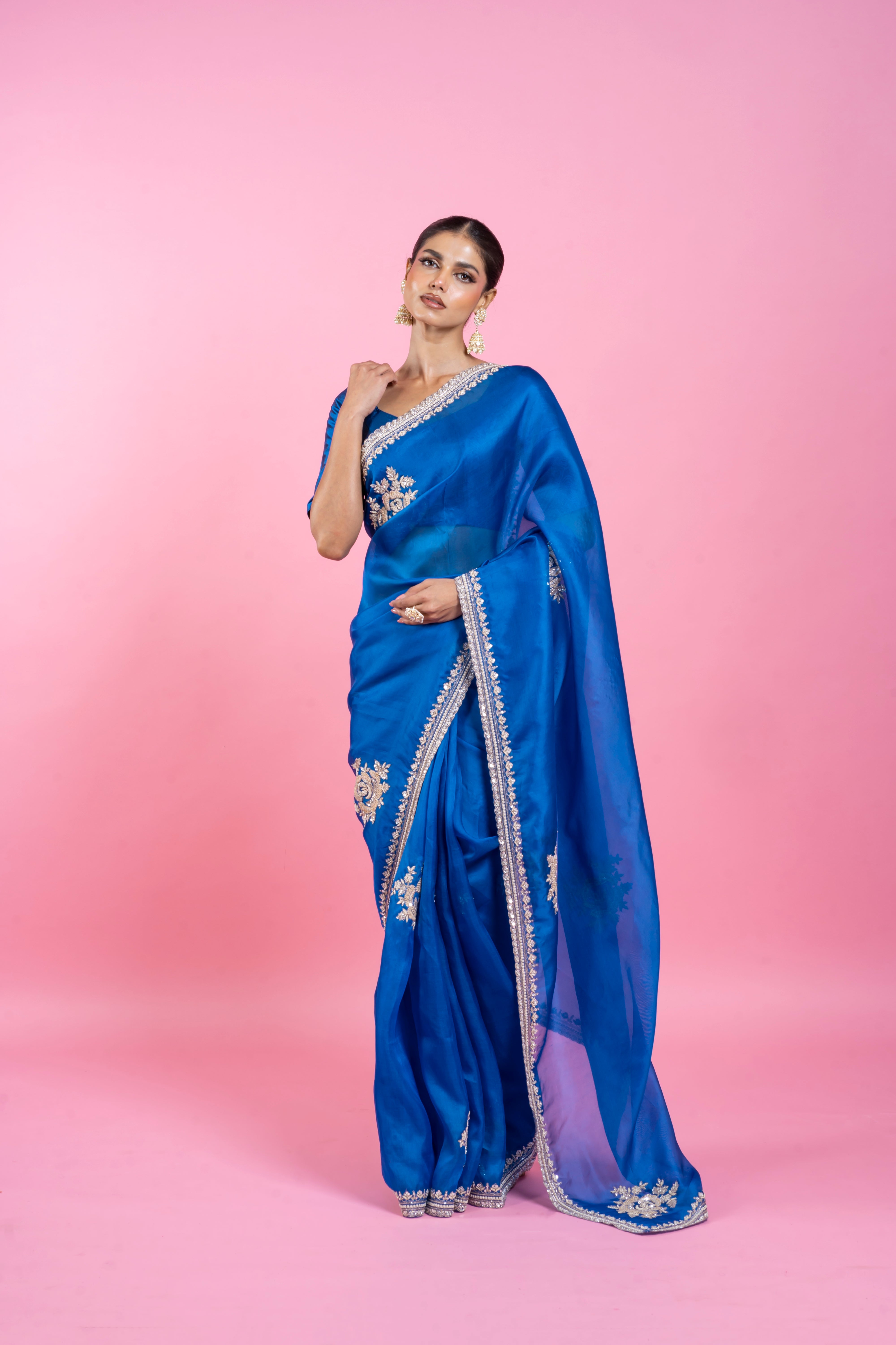 Royal Blue Organza Saree with Zari Embroidery  Mokshaa