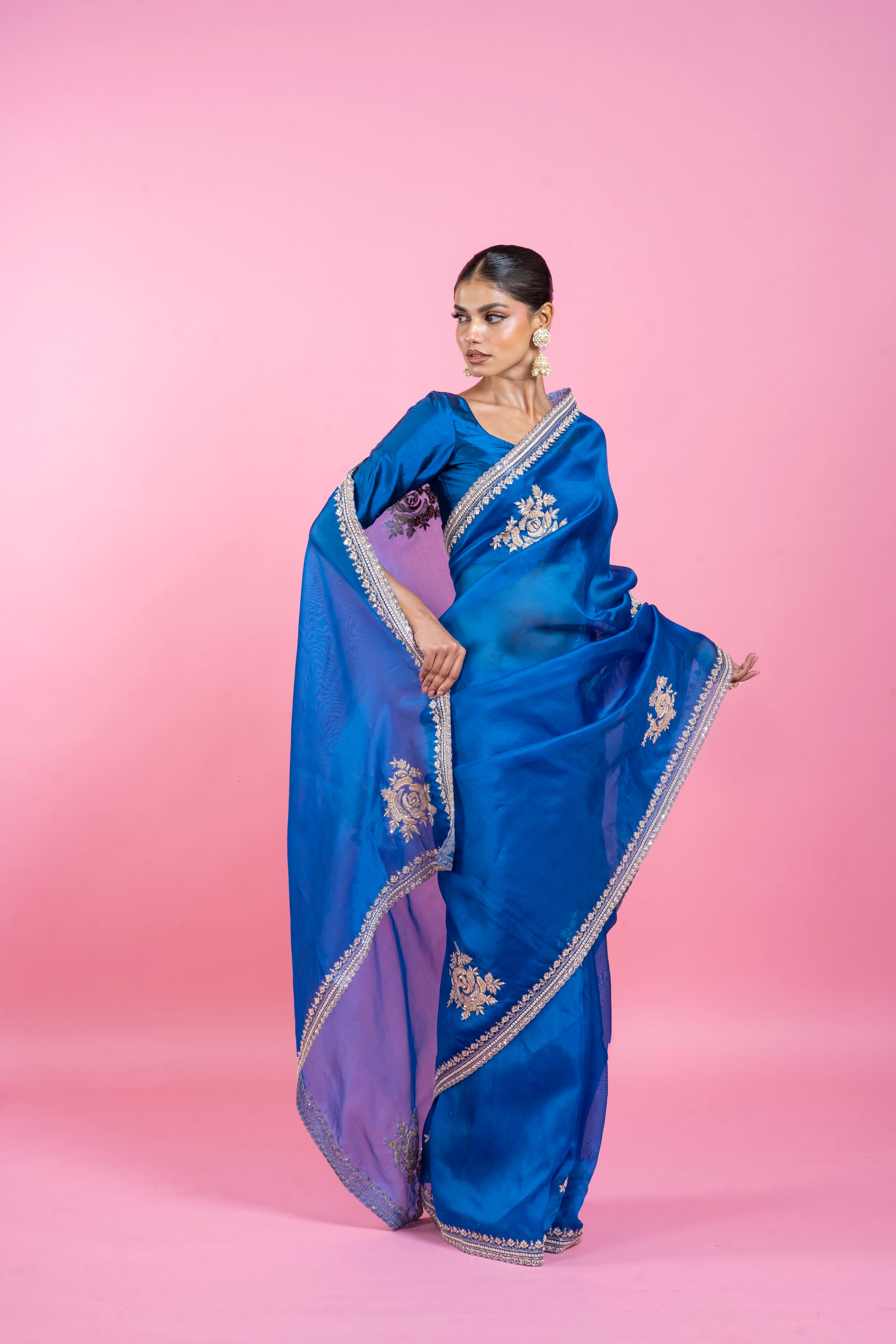 Royal Blue Organza Saree with Zari Embroidery  Mokshaa