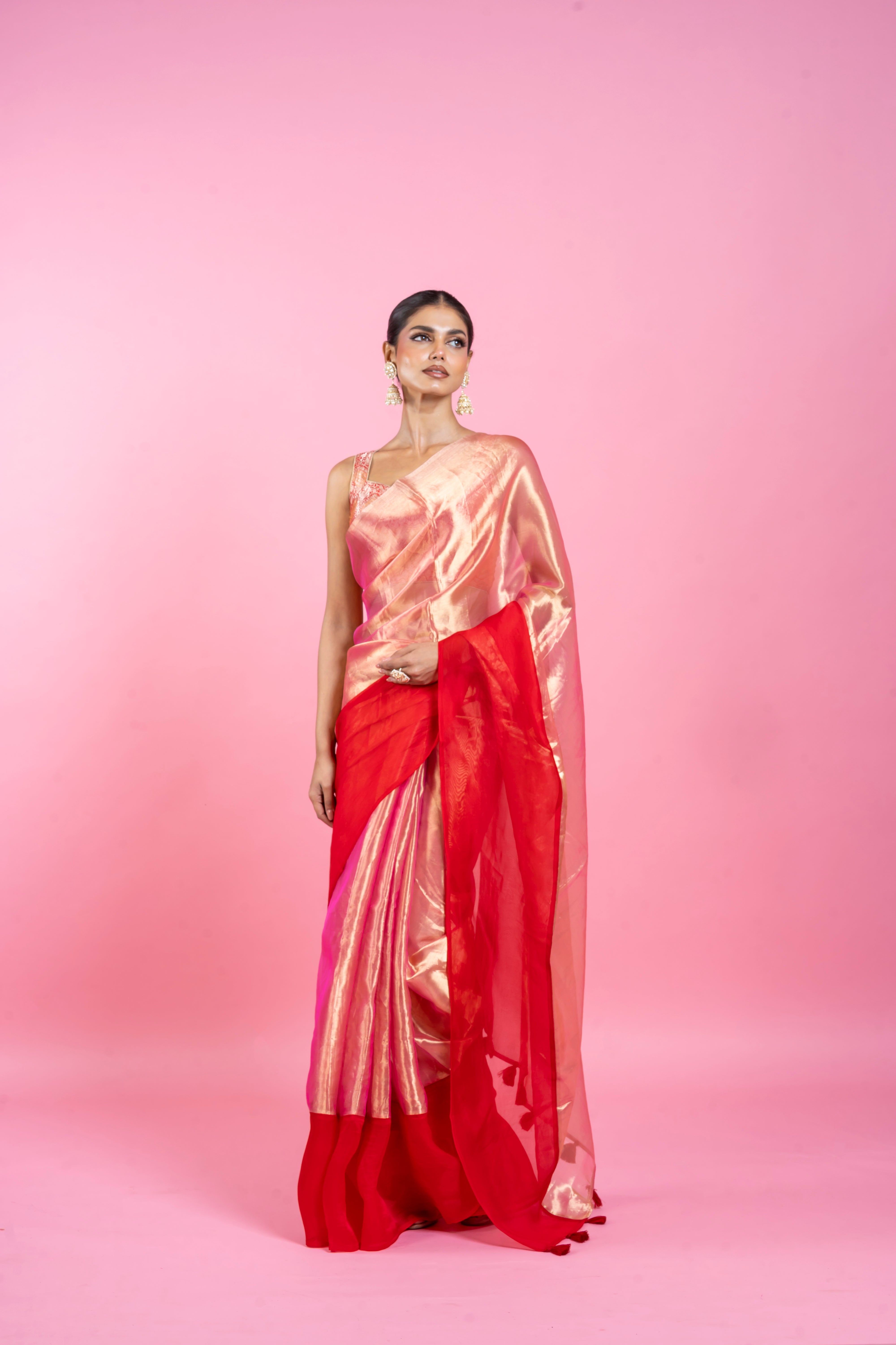 Red Tissue Organza Saree with Lustrous Ombre and Red Border  Mokshaa