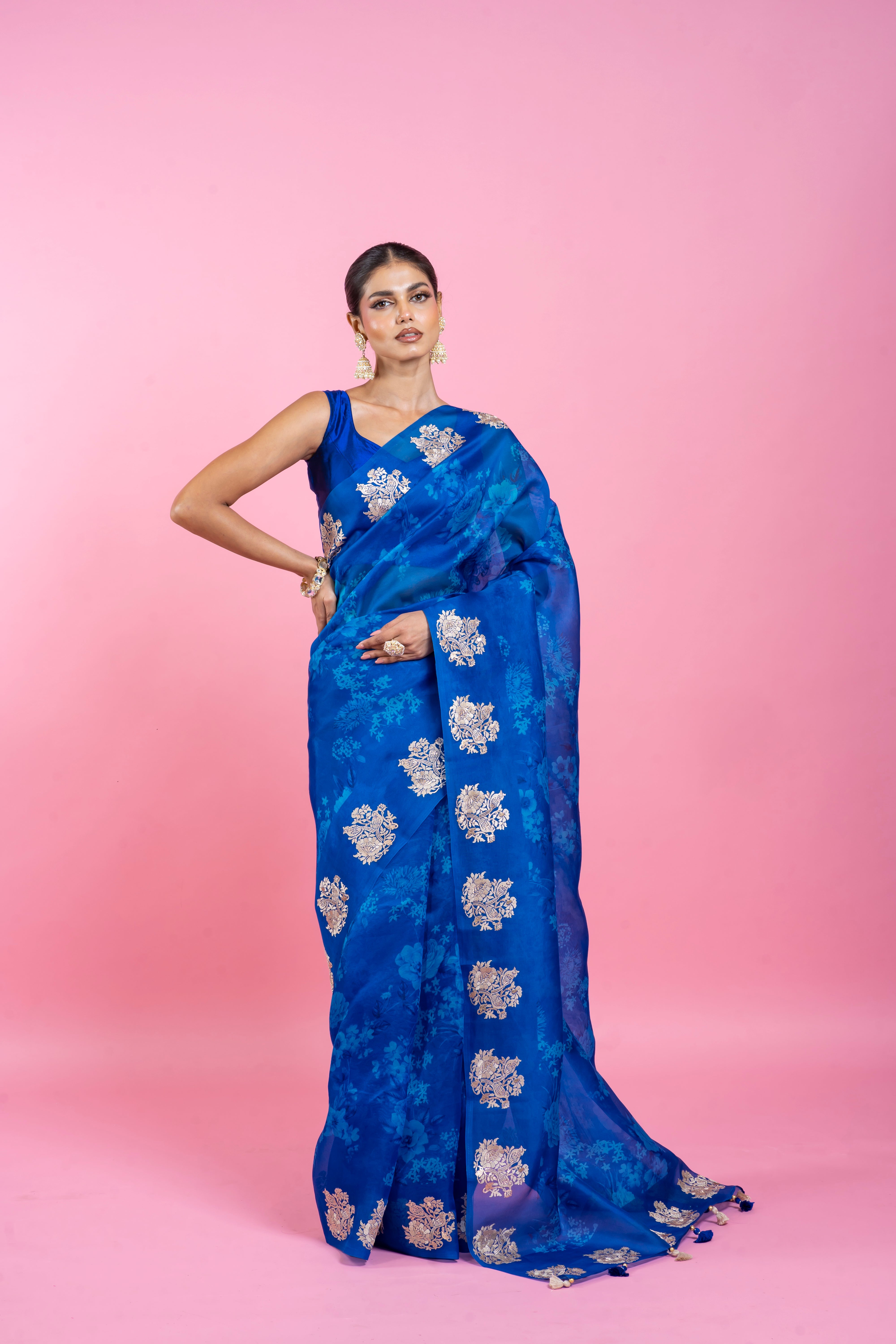 Ink Blue Organza Saree with Digital Print and Embroidery  Mokshaa