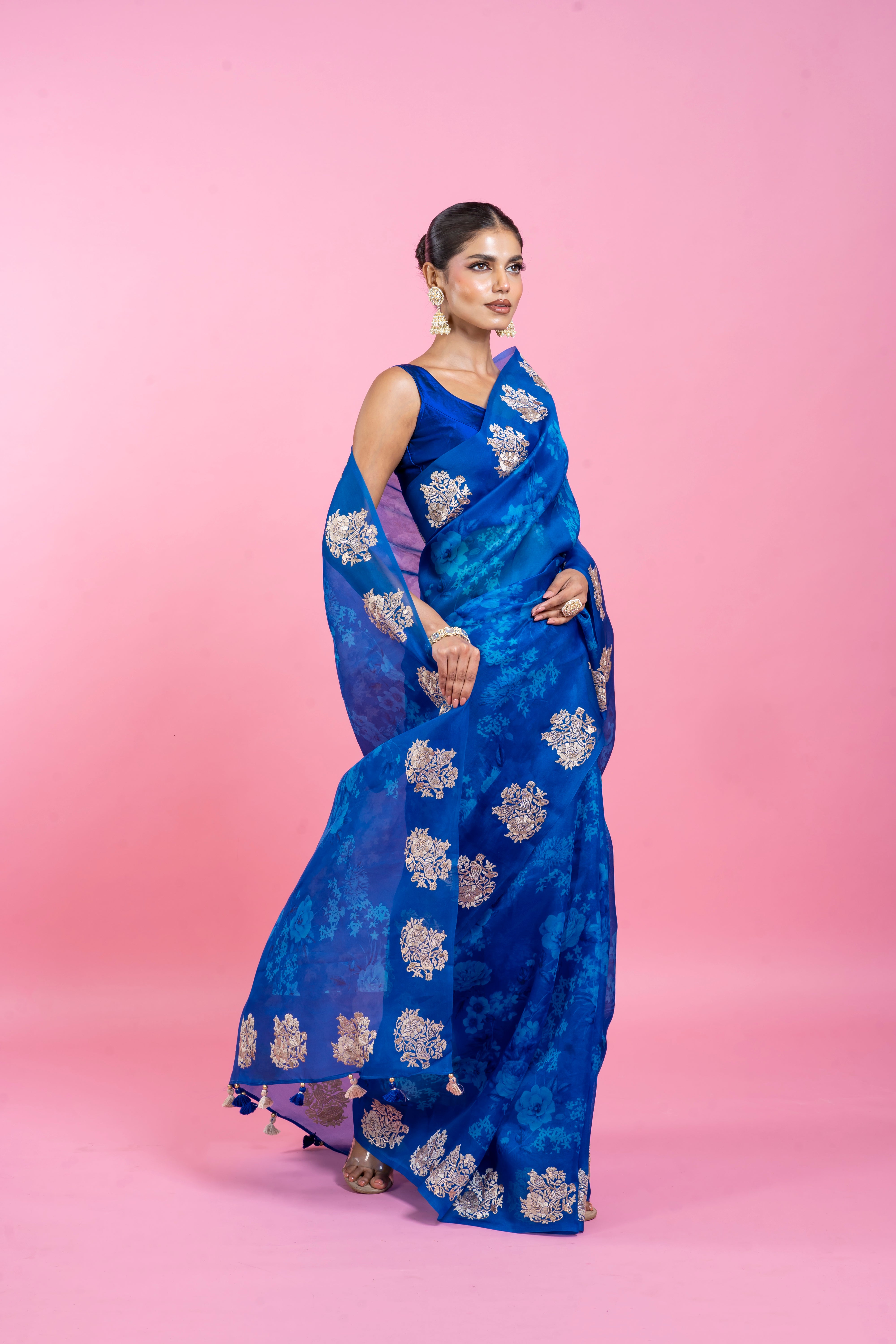 Ink Blue Organza Saree with Digital Print and Embroidery  Mokshaa