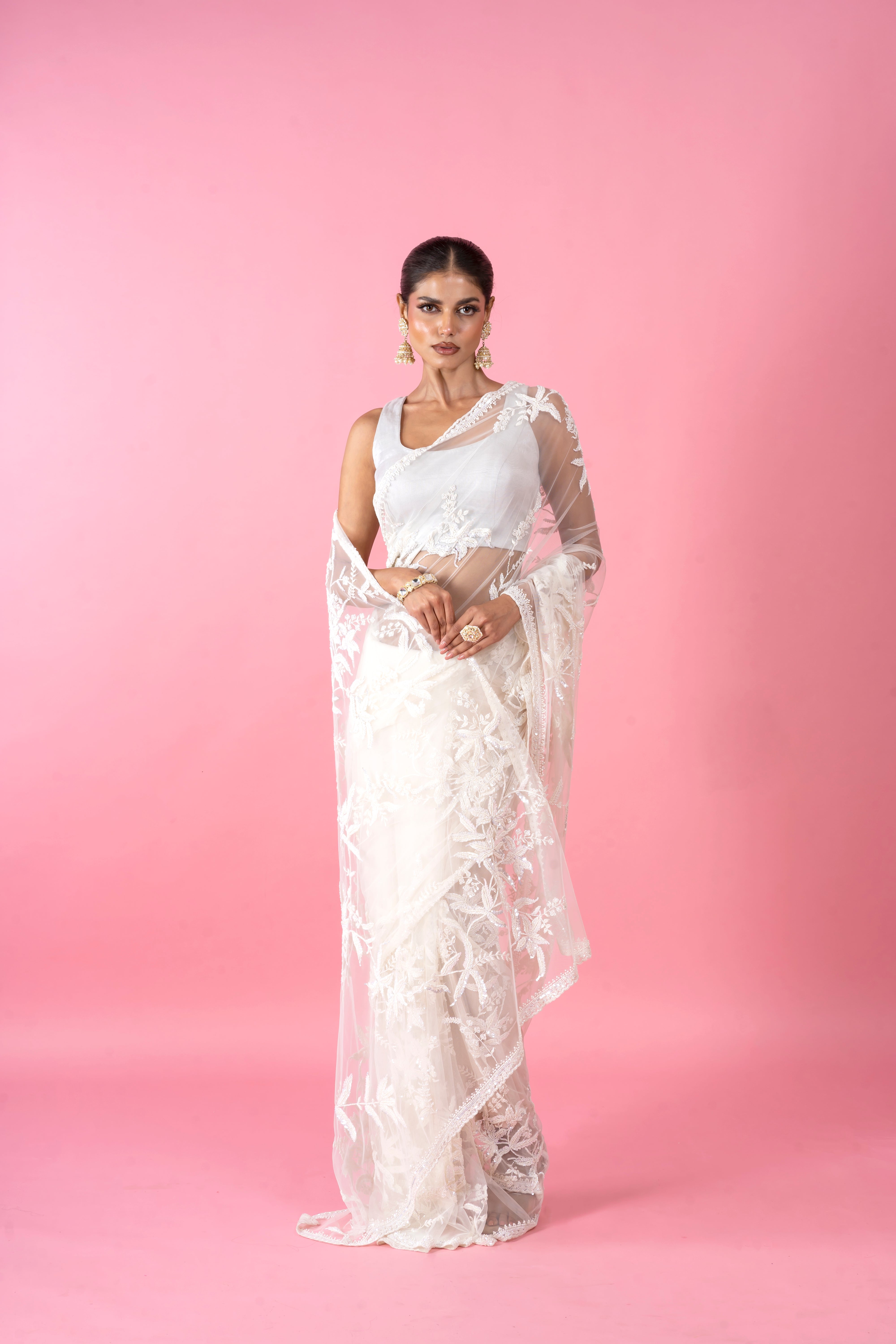 White Net Saree with Pearl and Sequins Embroidery  Mokshaa
