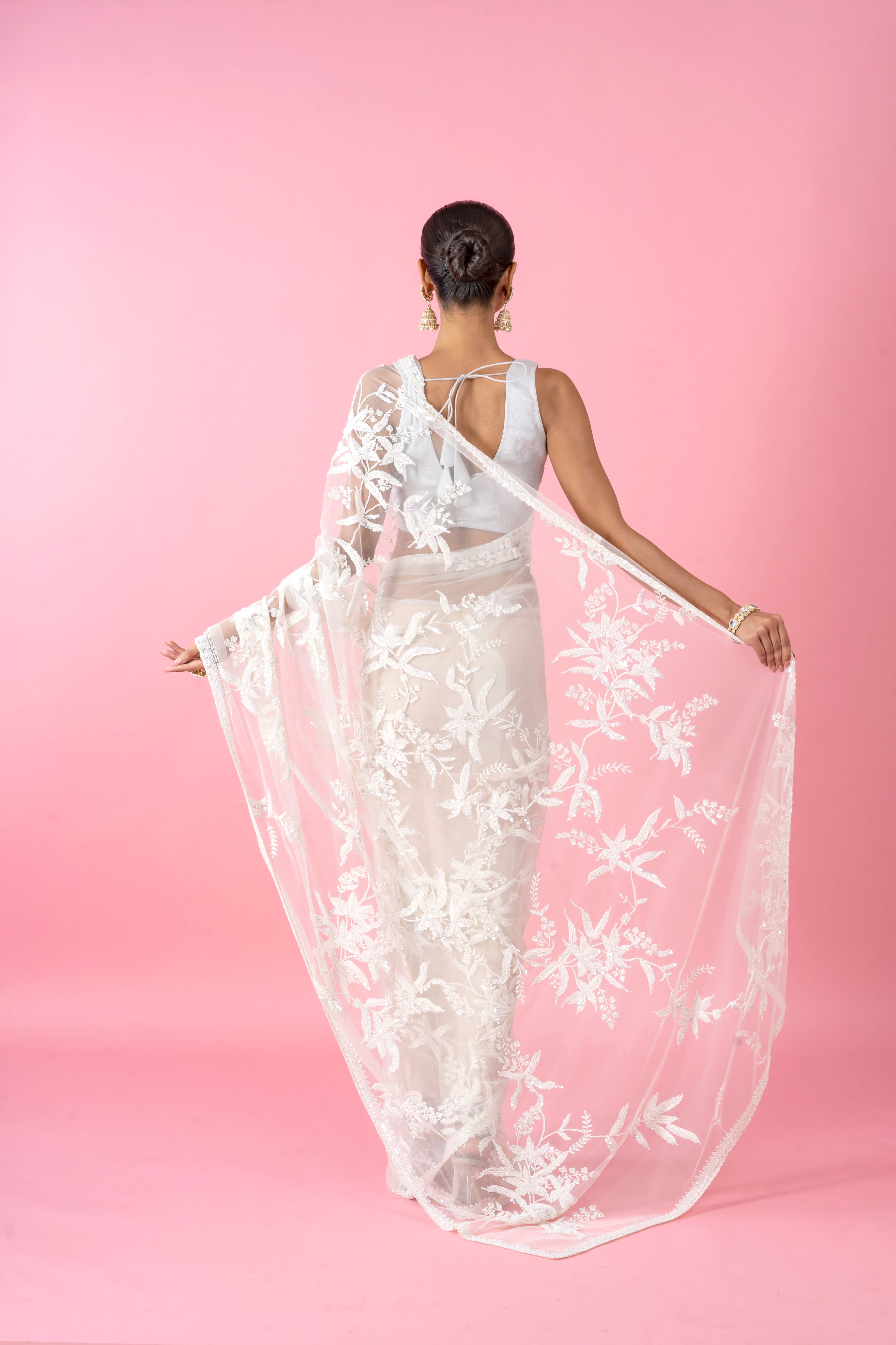 White Net Saree with Pearl and Sequins Embroidery  Mokshaa