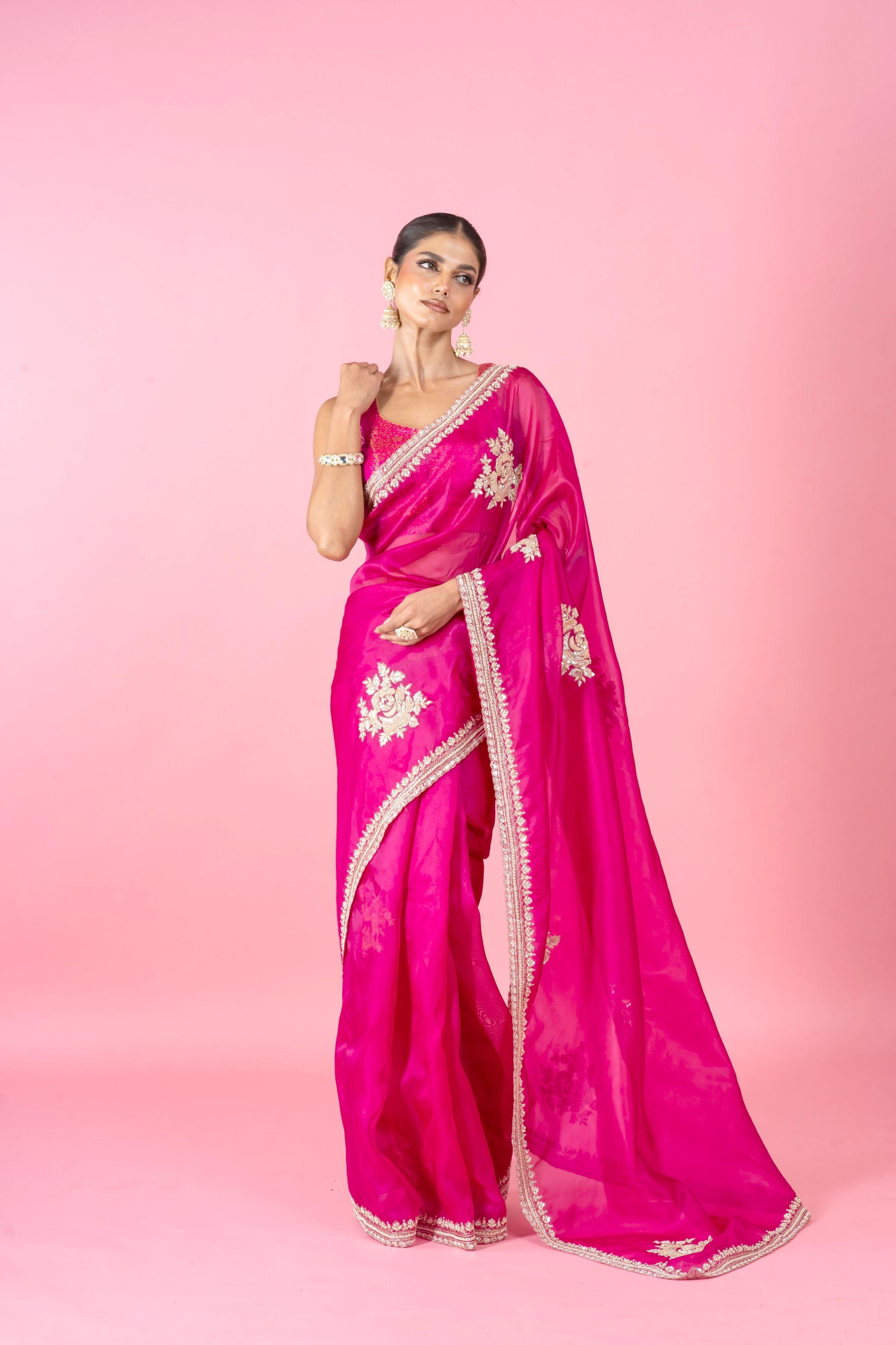 Bright Magenta Organza Saree with Zari Border and Intricate Floral Work  Mokshaa