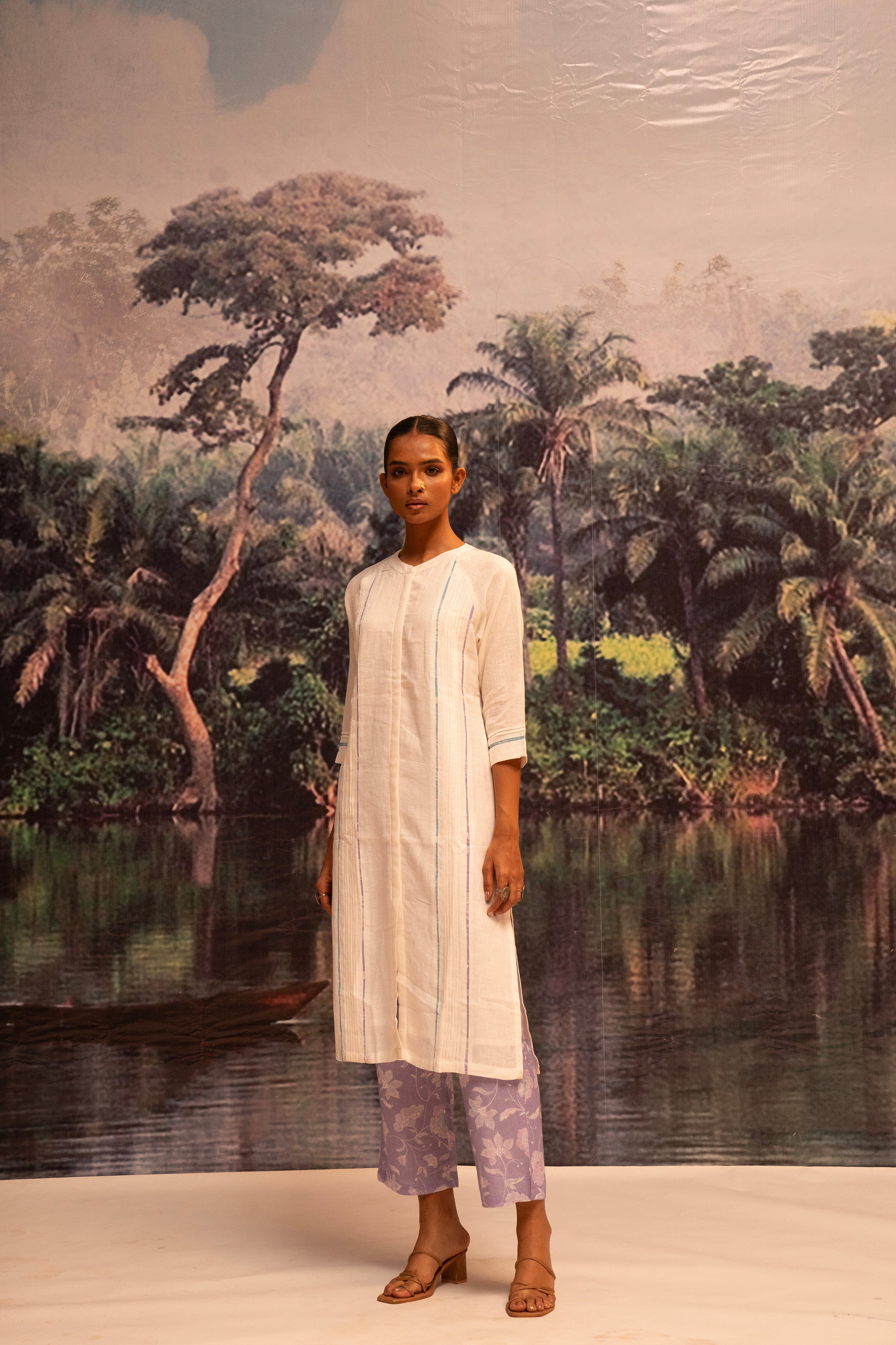 Upcycled Karigiri Linen Kurta Set-Lavender - Mokshaa