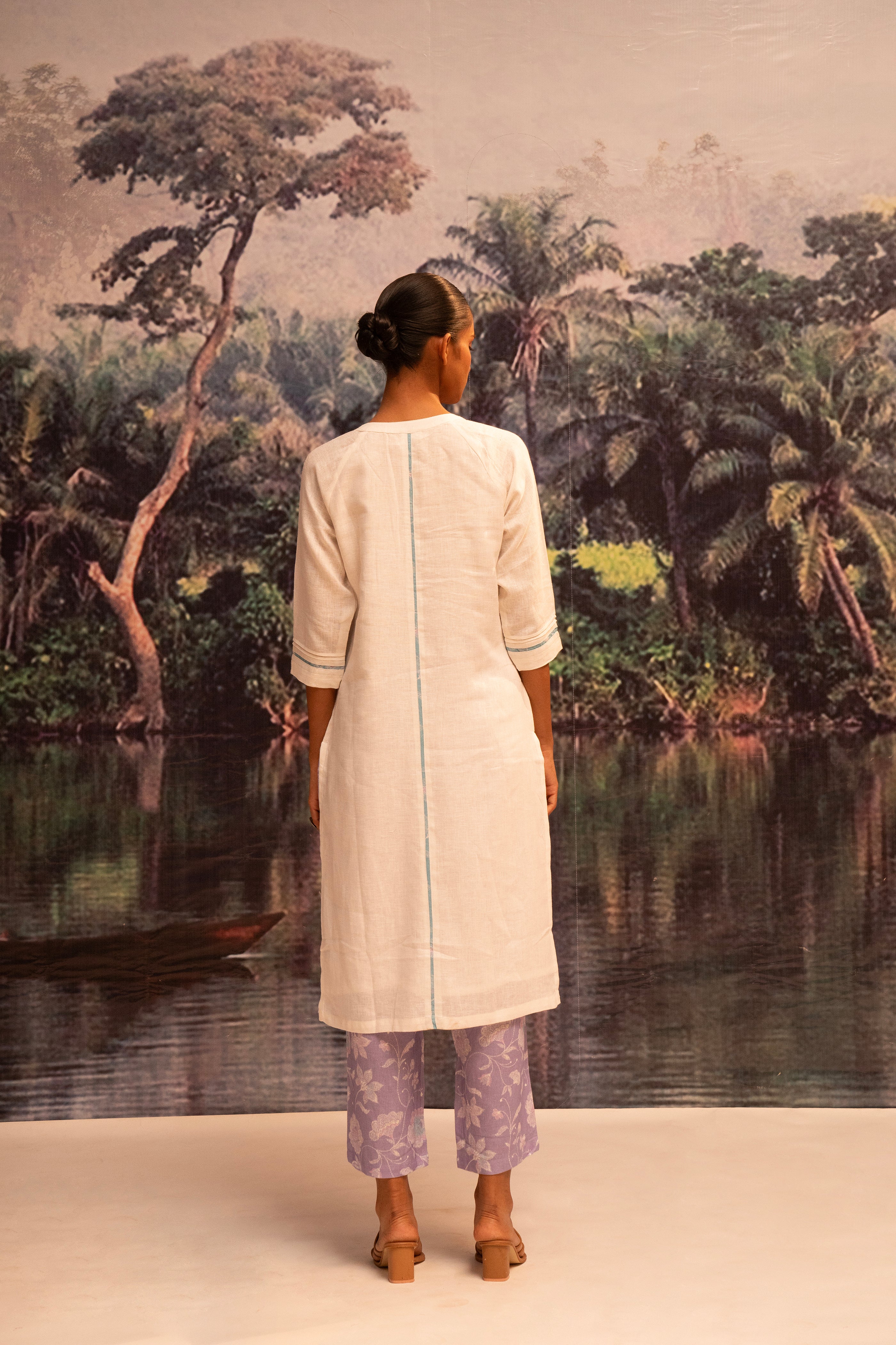 Upcycled Karigiri Linen Kurta Set-Lavender - Mokshaa