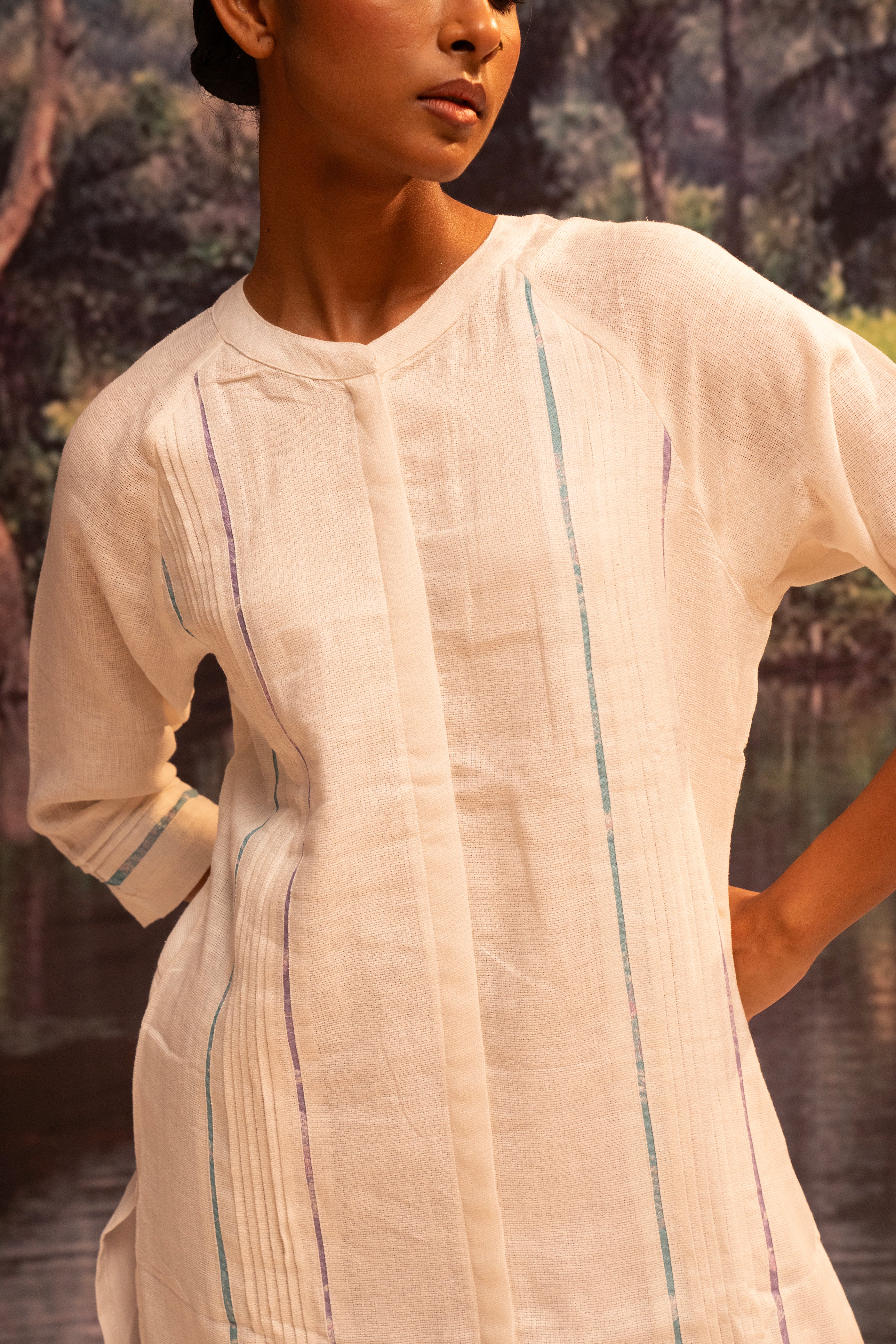 Upcycled Karigiri Linen Kurta Set-Lavender - Mokshaa