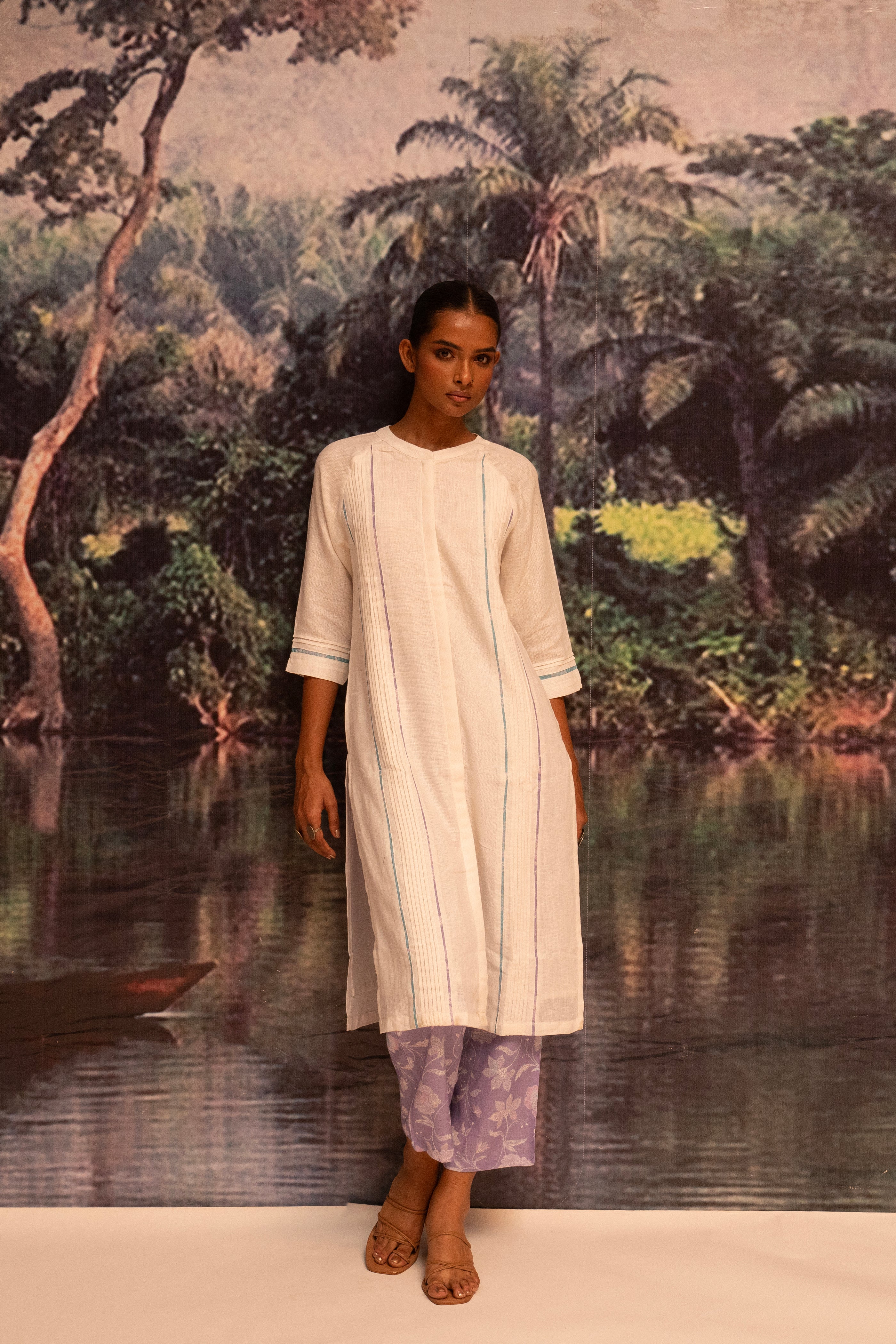 Upcycled Karigiri Linen Kurta Set-Lavender - Mokshaa