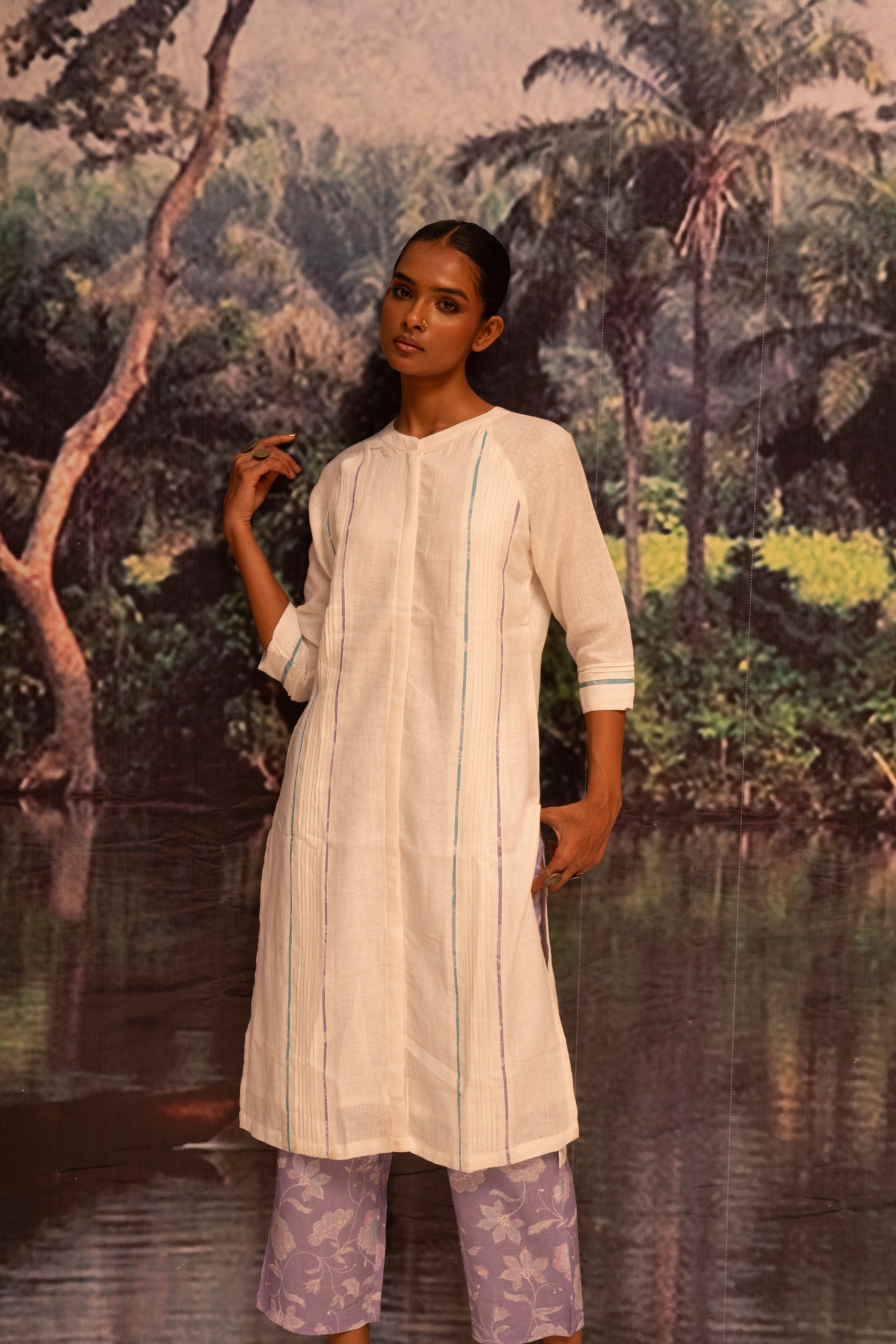 Upcycled Karigiri Linen Kurta Set-Lavender - Mokshaa