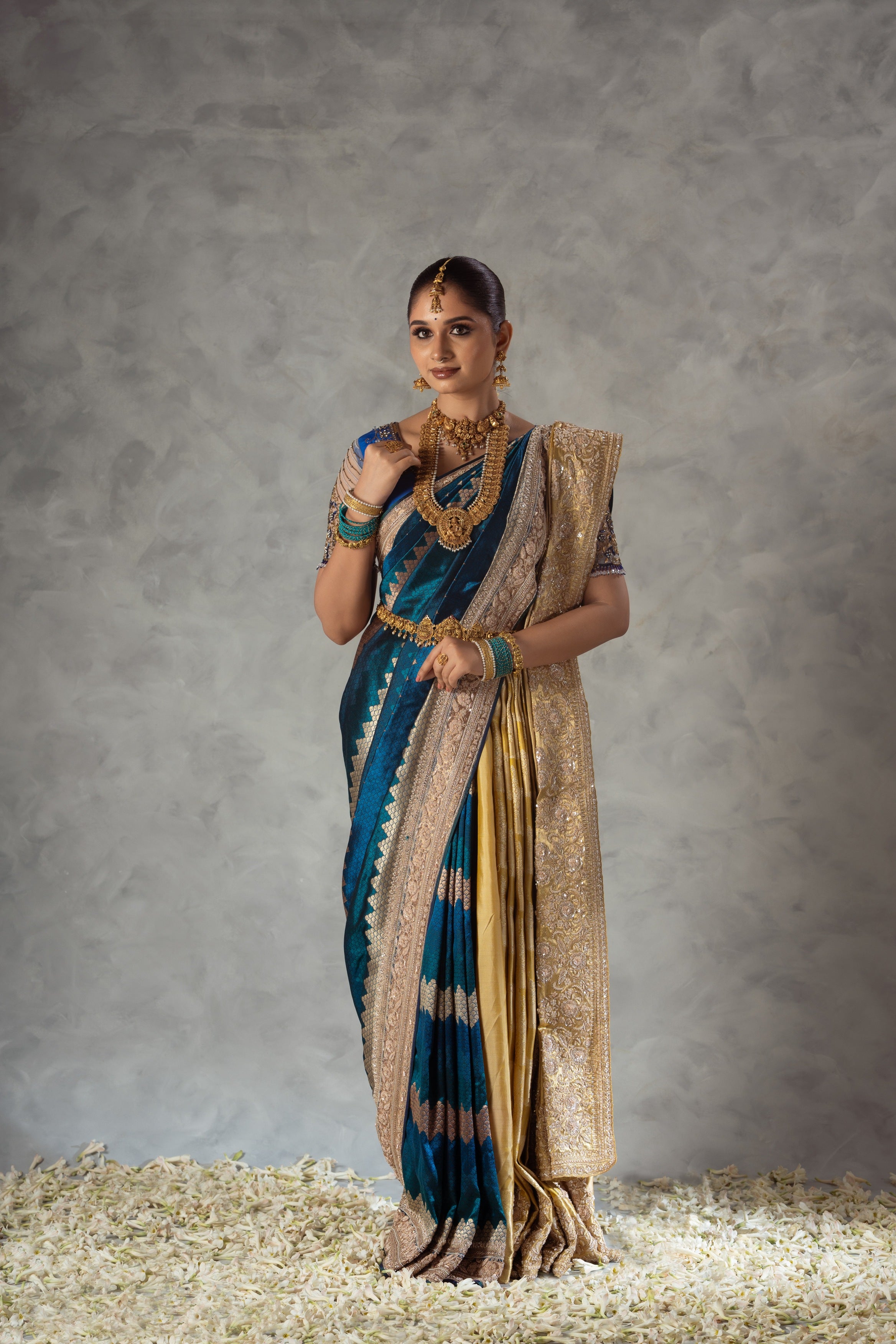 Peacock Blue Banarasi Pure Silk Saree with Zardosi & Pearl Work Border