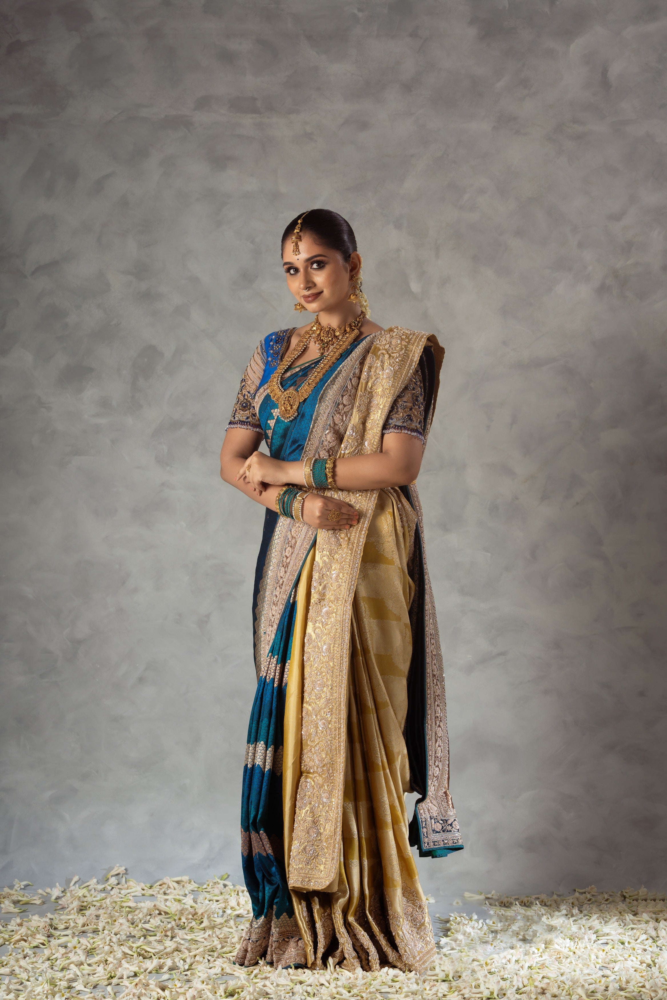Peacock Blue Banarasi Pure Silk Saree with Zardosi & Pearl Work Border