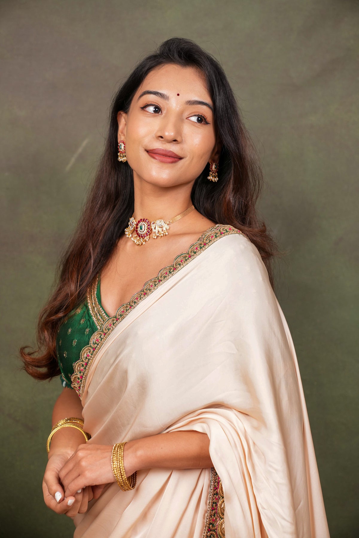 Peach Satin Saree with Green Embroidered Border