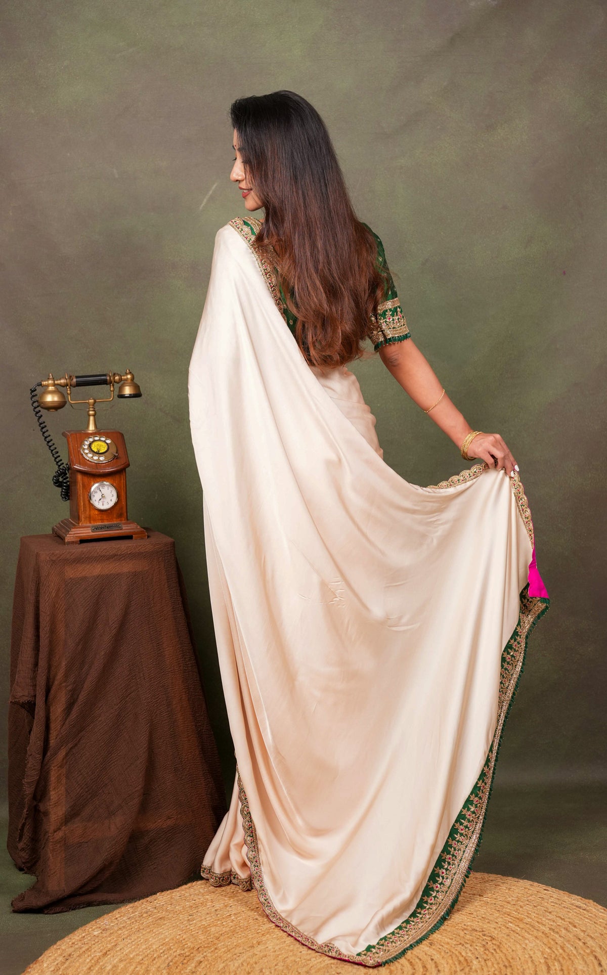 Peach Satin Saree with Green Embroidered Border