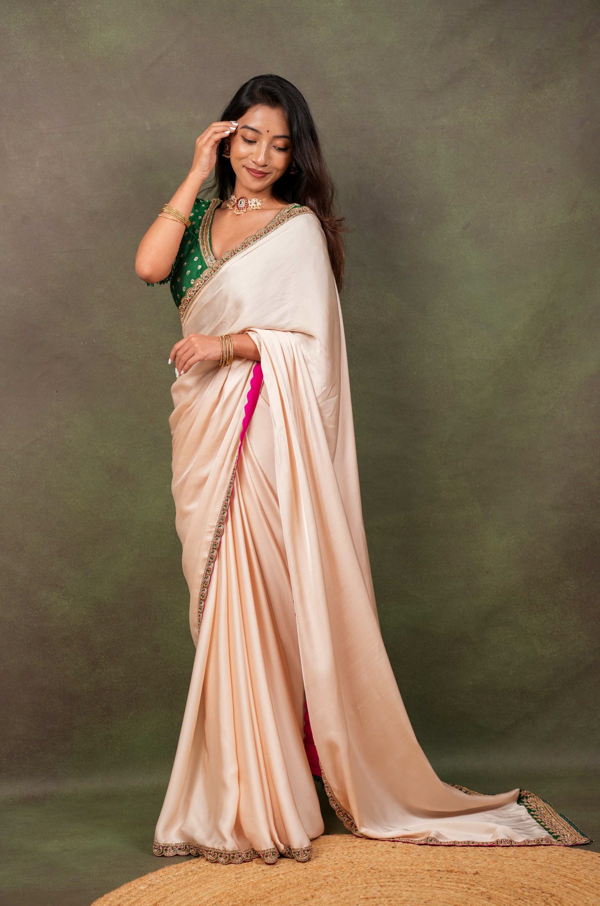 Peach Satin Saree with Green Embroidered Border