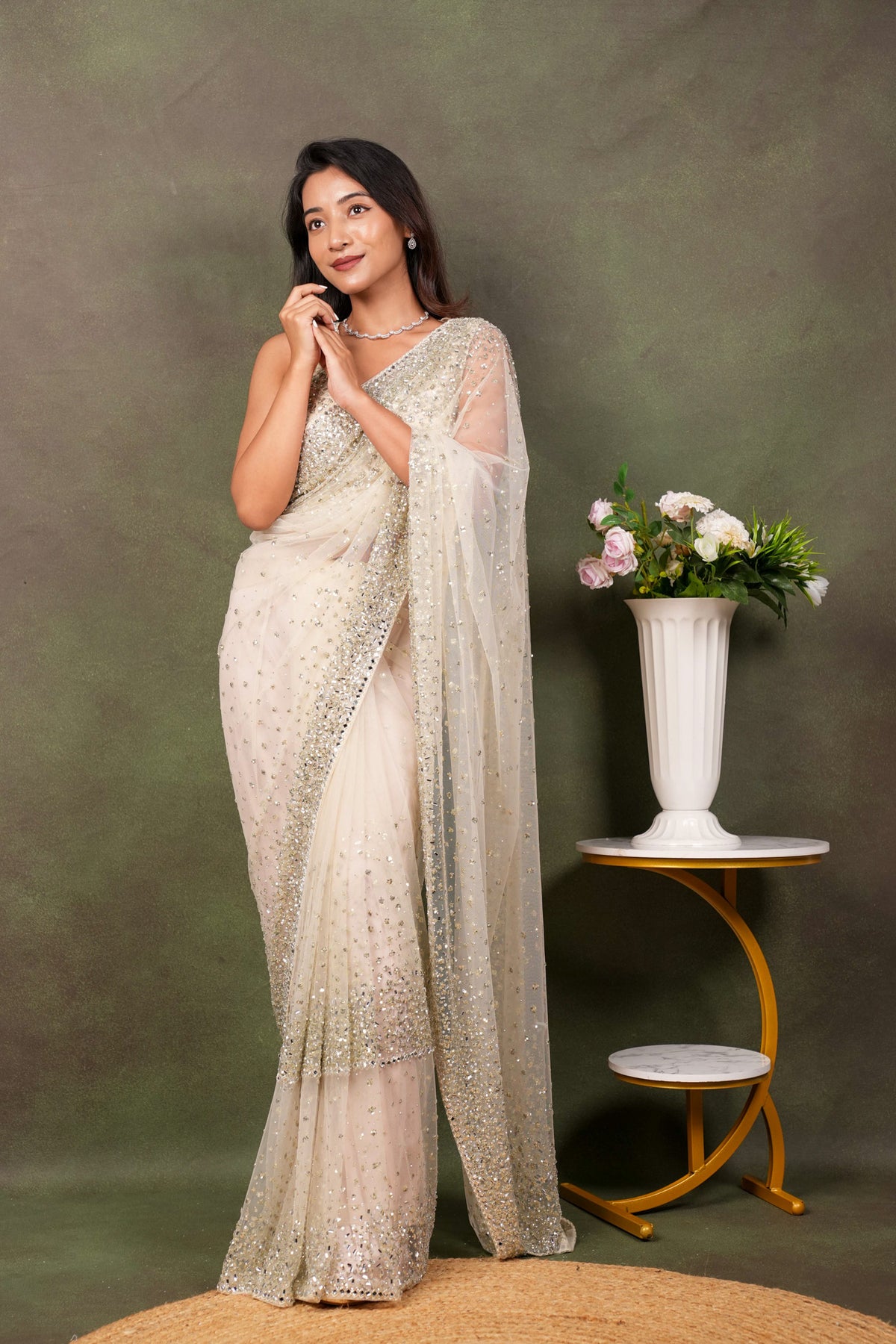 Off White Net Saree