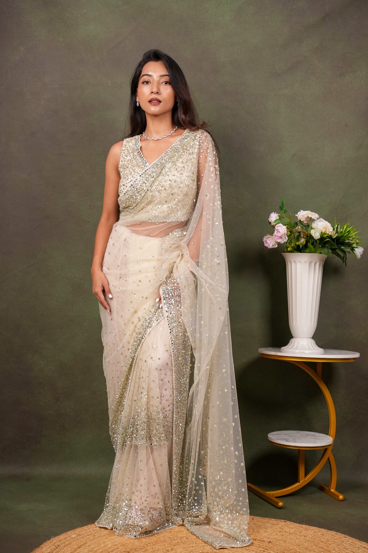 Off White Net Saree