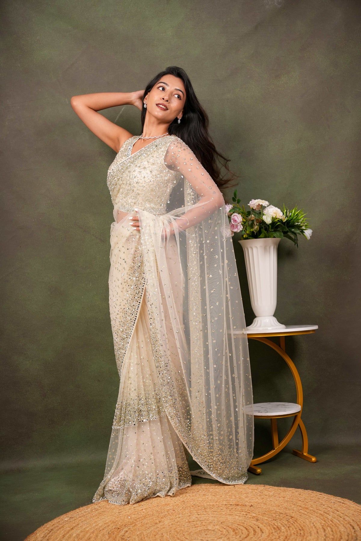 Off White Net Saree