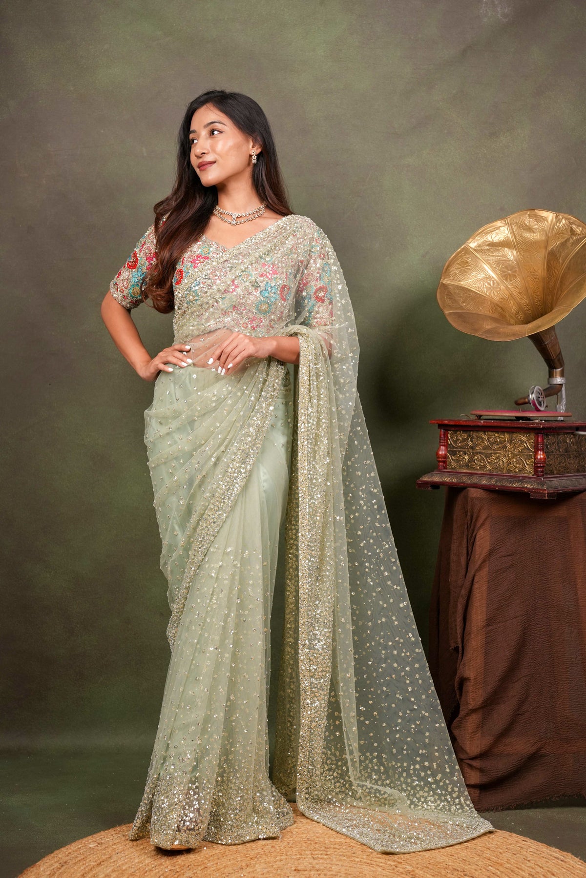 Pista Green Sequin Net Saree
