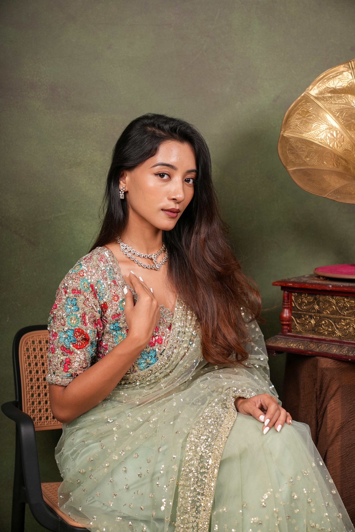 Pista Green Sequin Net Saree