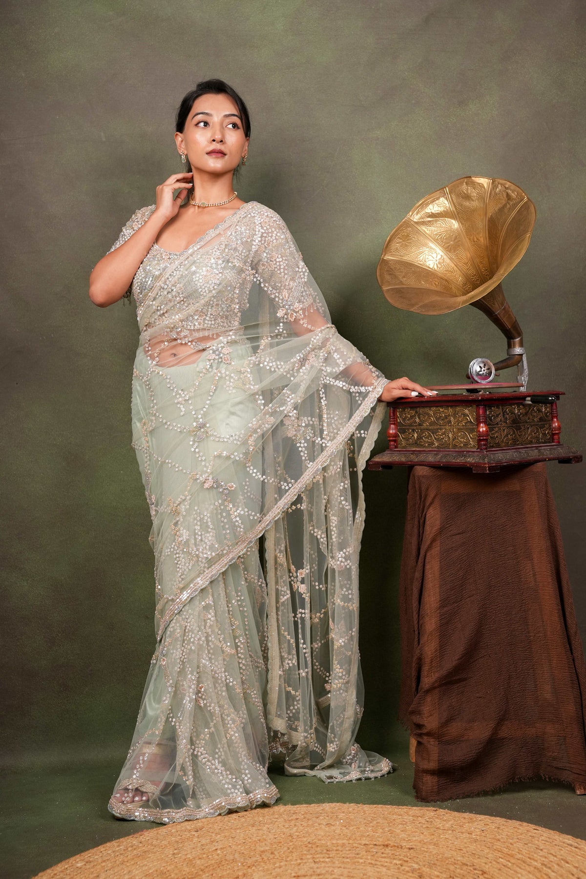 Mint Green Net Saree